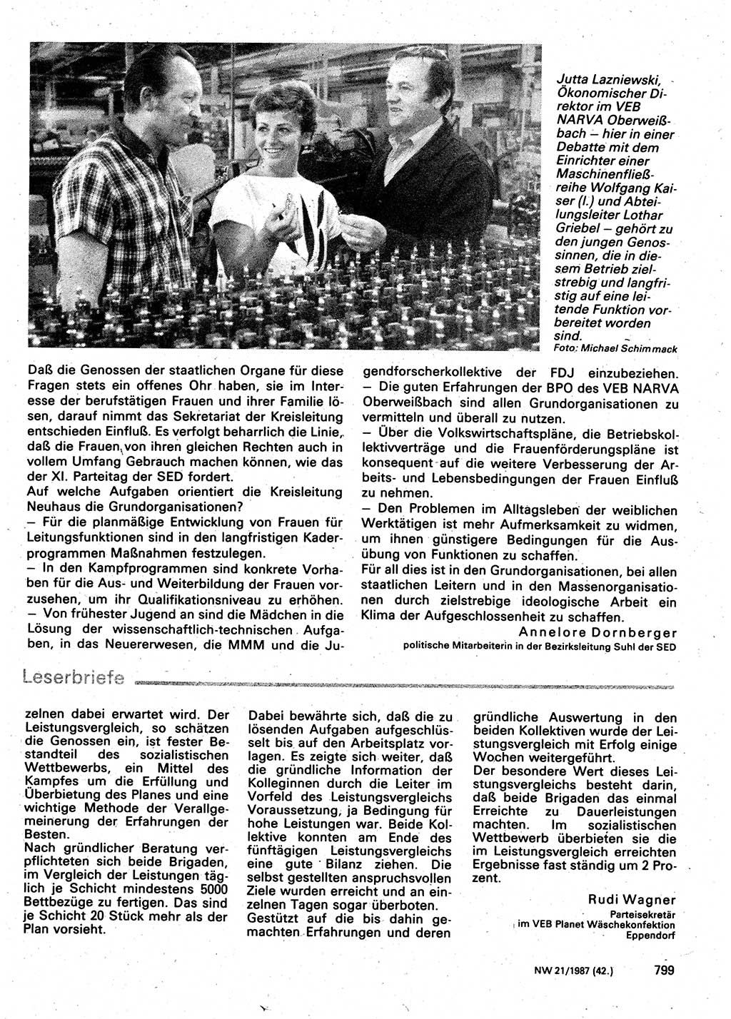 Neuer Weg (NW), Organ des Zentralkomitees (ZK) der SED (Sozialistische Einheitspartei Deutschlands) für Fragen des Parteilebens, 42. Jahrgang [Deutsche Demokratische Republik (DDR)] 1987, Seite 799 (NW ZK SED DDR 1987, S. 799)