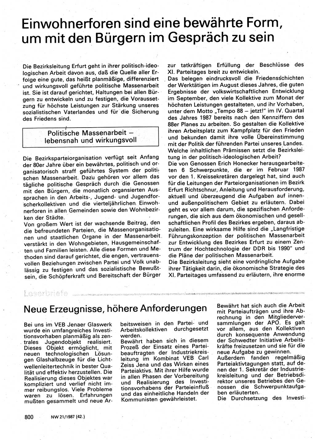 Neuer Weg (NW), Organ des Zentralkomitees (ZK) der SED (Sozialistische Einheitspartei Deutschlands) für Fragen des Parteilebens, 42. Jahrgang [Deutsche Demokratische Republik (DDR)] 1987, Seite 800 (NW ZK SED DDR 1987, S. 800)