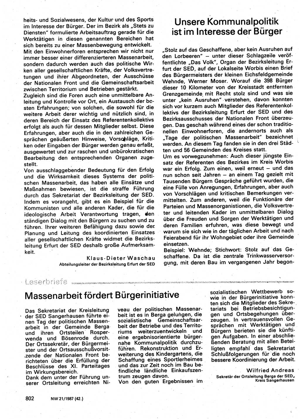 Neuer Weg (NW), Organ des Zentralkomitees (ZK) der SED (Sozialistische Einheitspartei Deutschlands) für Fragen des Parteilebens, 42. Jahrgang [Deutsche Demokratische Republik (DDR)] 1987, Seite 802 (NW ZK SED DDR 1987, S. 802)