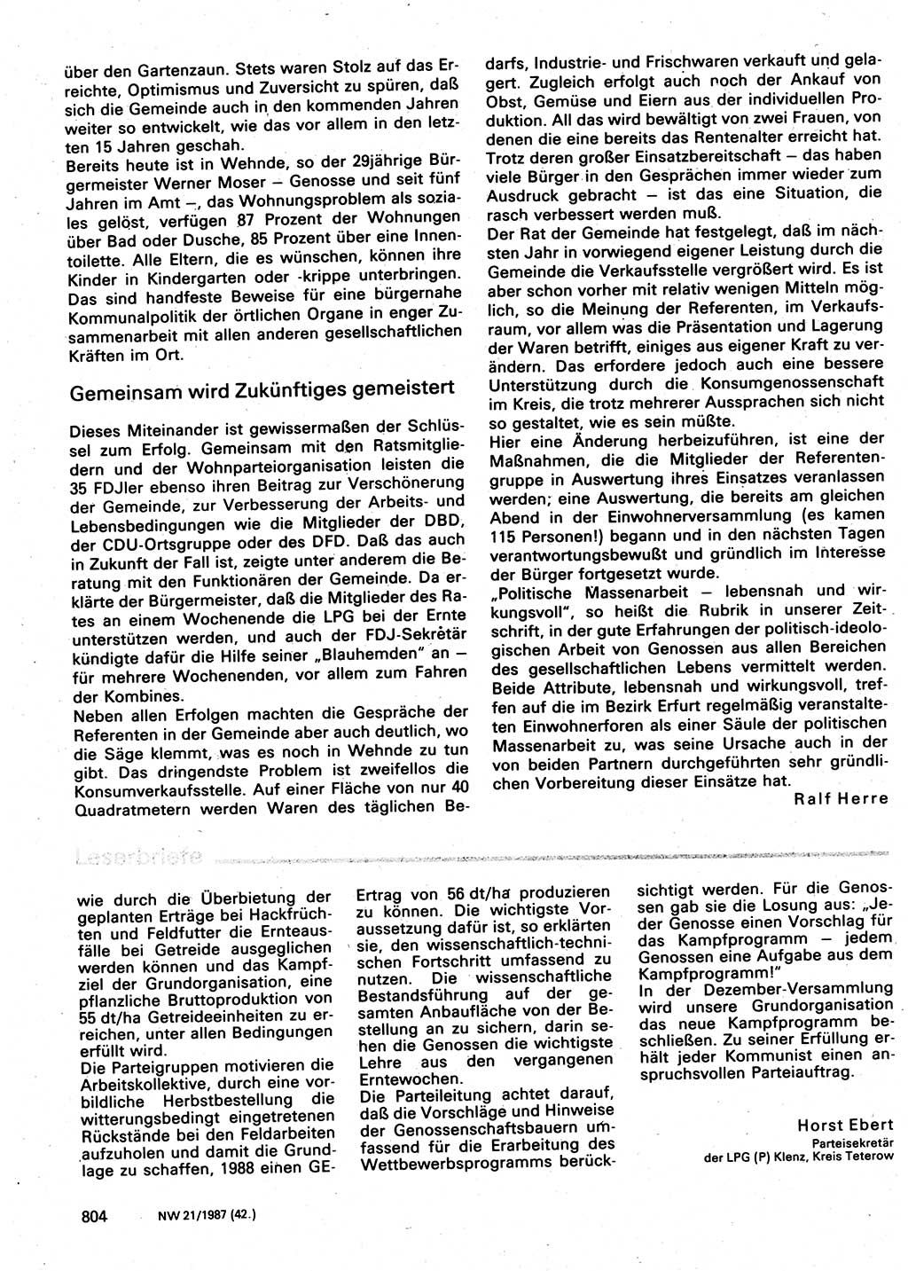 Neuer Weg (NW), Organ des Zentralkomitees (ZK) der SED (Sozialistische Einheitspartei Deutschlands) für Fragen des Parteilebens, 42. Jahrgang [Deutsche Demokratische Republik (DDR)] 1987, Seite 804 (NW ZK SED DDR 1987, S. 804)