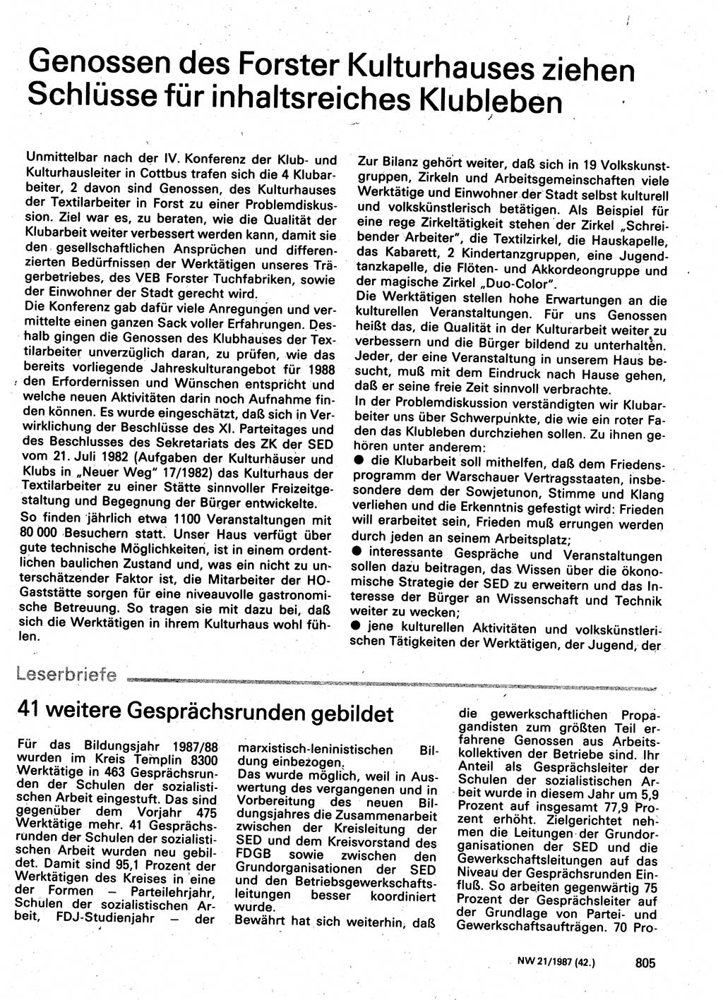 Neuer Weg (NW), Organ des Zentralkomitees (ZK) der SED (Sozialistische Einheitspartei Deutschlands) für Fragen des Parteilebens, 42. Jahrgang [Deutsche Demokratische Republik (DDR)] 1987, Seite 805 (NW ZK SED DDR 1987, S. 805)