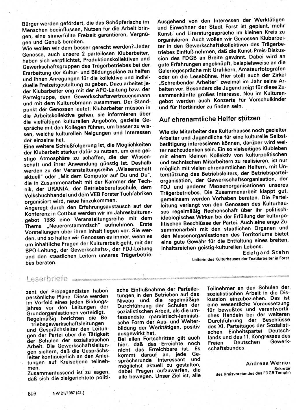 Neuer Weg (NW), Organ des Zentralkomitees (ZK) der SED (Sozialistische Einheitspartei Deutschlands) für Fragen des Parteilebens, 42. Jahrgang [Deutsche Demokratische Republik (DDR)] 1987, Seite 806 (NW ZK SED DDR 1987, S. 806)