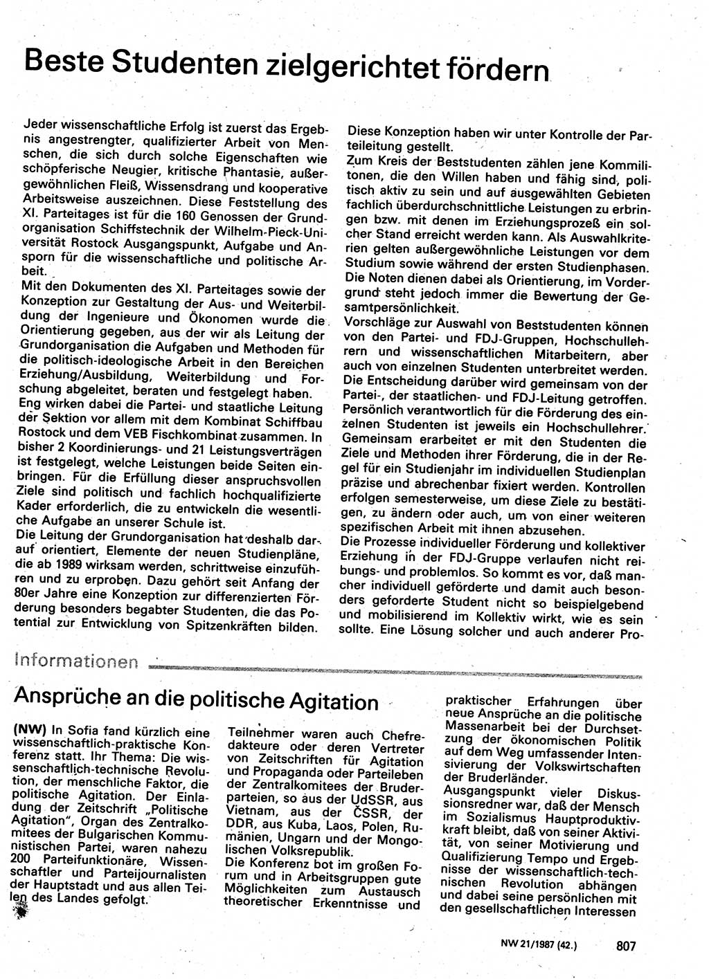 Neuer Weg (NW), Organ des Zentralkomitees (ZK) der SED (Sozialistische Einheitspartei Deutschlands) für Fragen des Parteilebens, 42. Jahrgang [Deutsche Demokratische Republik (DDR)] 1987, Seite 807 (NW ZK SED DDR 1987, S. 807)