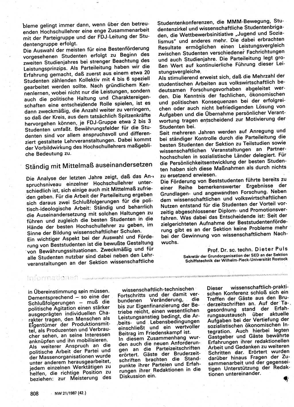Neuer Weg (NW), Organ des Zentralkomitees (ZK) der SED (Sozialistische Einheitspartei Deutschlands) für Fragen des Parteilebens, 42. Jahrgang [Deutsche Demokratische Republik (DDR)] 1987, Seite 808 (NW ZK SED DDR 1987, S. 808)