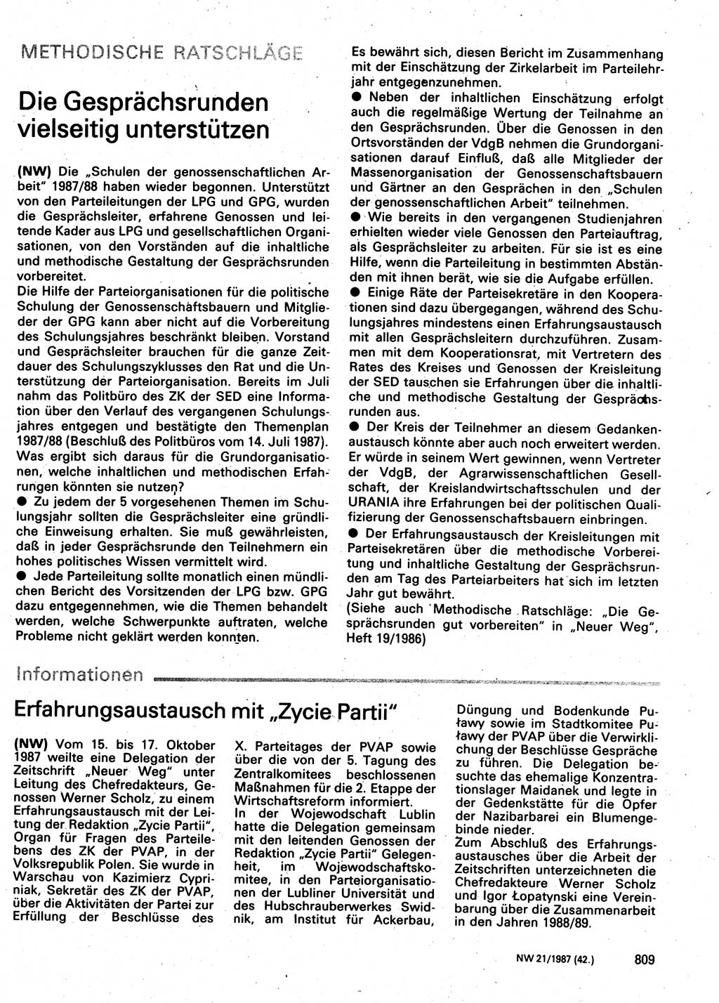 Neuer Weg (NW), Organ des Zentralkomitees (ZK) der SED (Sozialistische Einheitspartei Deutschlands) für Fragen des Parteilebens, 42. Jahrgang [Deutsche Demokratische Republik (DDR)] 1987, Seite 809 (NW ZK SED DDR 1987, S. 809)