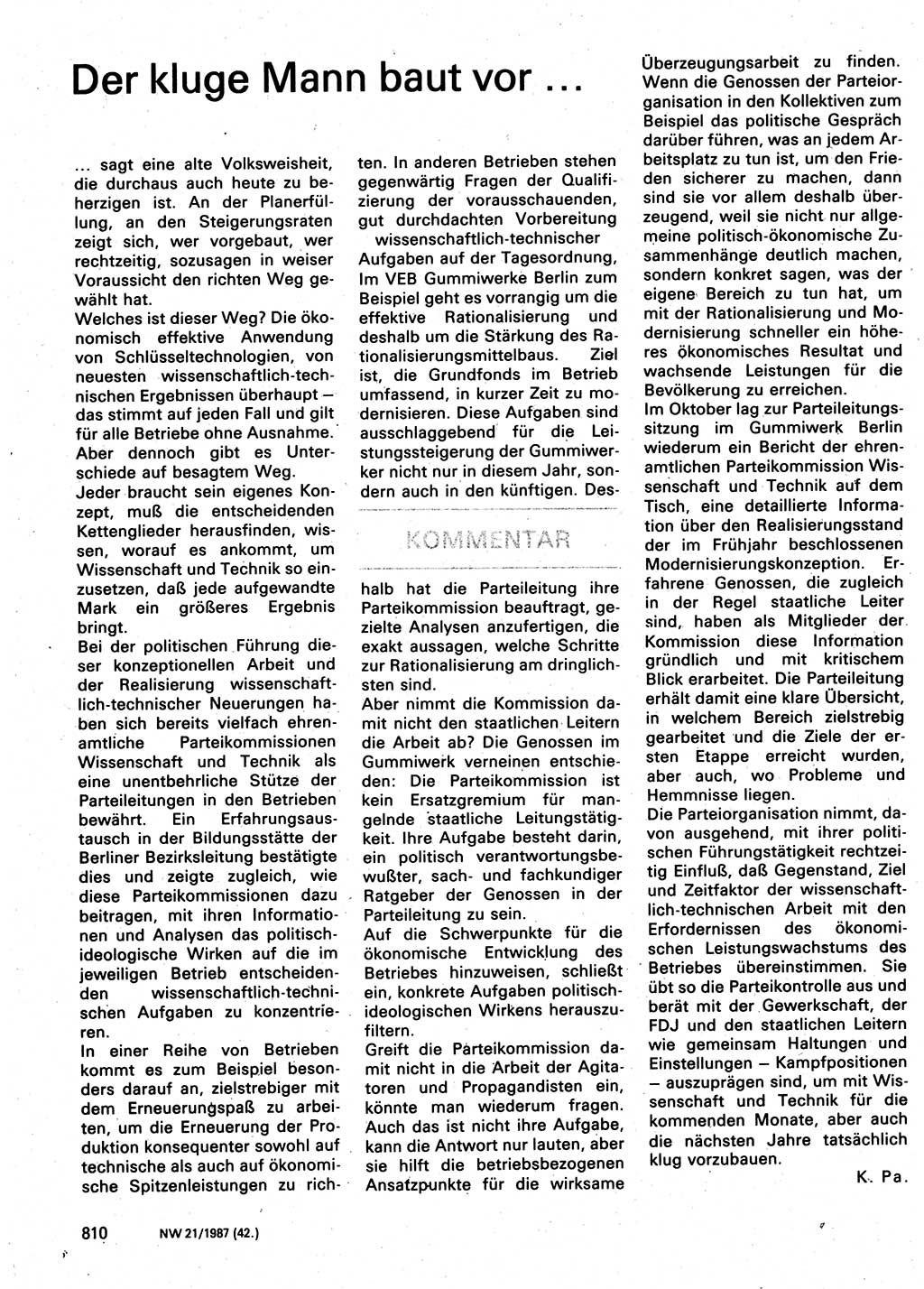 Neuer Weg (NW), Organ des Zentralkomitees (ZK) der SED (Sozialistische Einheitspartei Deutschlands) für Fragen des Parteilebens, 42. Jahrgang [Deutsche Demokratische Republik (DDR)] 1987, Seite 810 (NW ZK SED DDR 1987, S. 810)