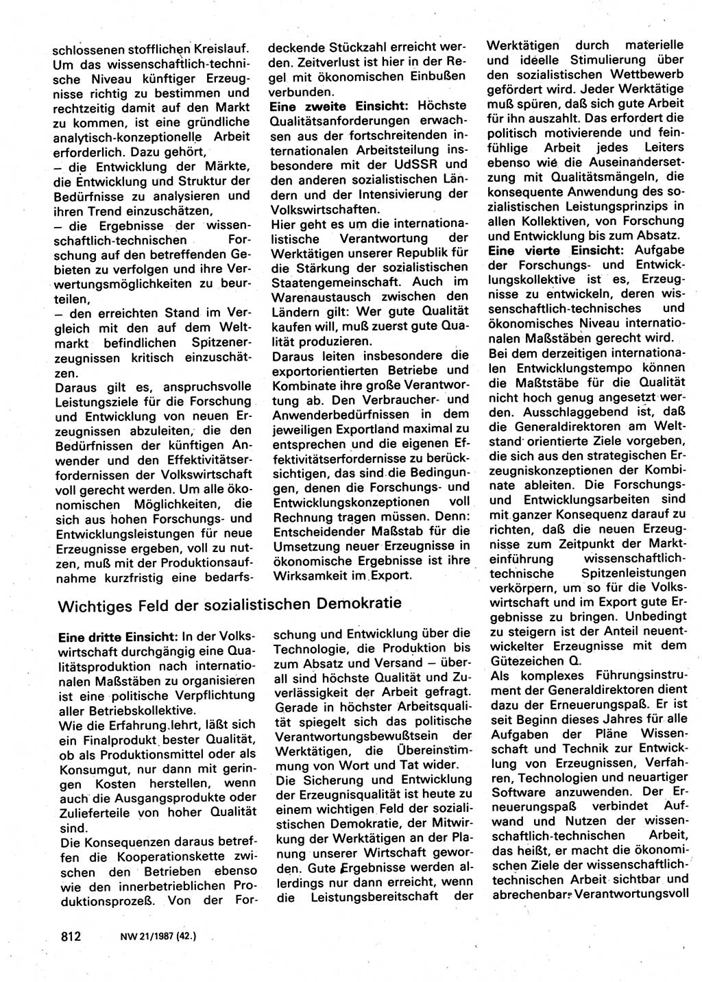 Neuer Weg (NW), Organ des Zentralkomitees (ZK) der SED (Sozialistische Einheitspartei Deutschlands) für Fragen des Parteilebens, 42. Jahrgang [Deutsche Demokratische Republik (DDR)] 1987, Seite 812 (NW ZK SED DDR 1987, S. 812)