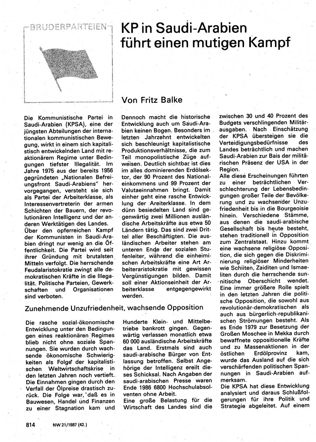 Neuer Weg (NW), Organ des Zentralkomitees (ZK) der SED (Sozialistische Einheitspartei Deutschlands) für Fragen des Parteilebens, 42. Jahrgang [Deutsche Demokratische Republik (DDR)] 1987, Seite 814 (NW ZK SED DDR 1987, S. 814)