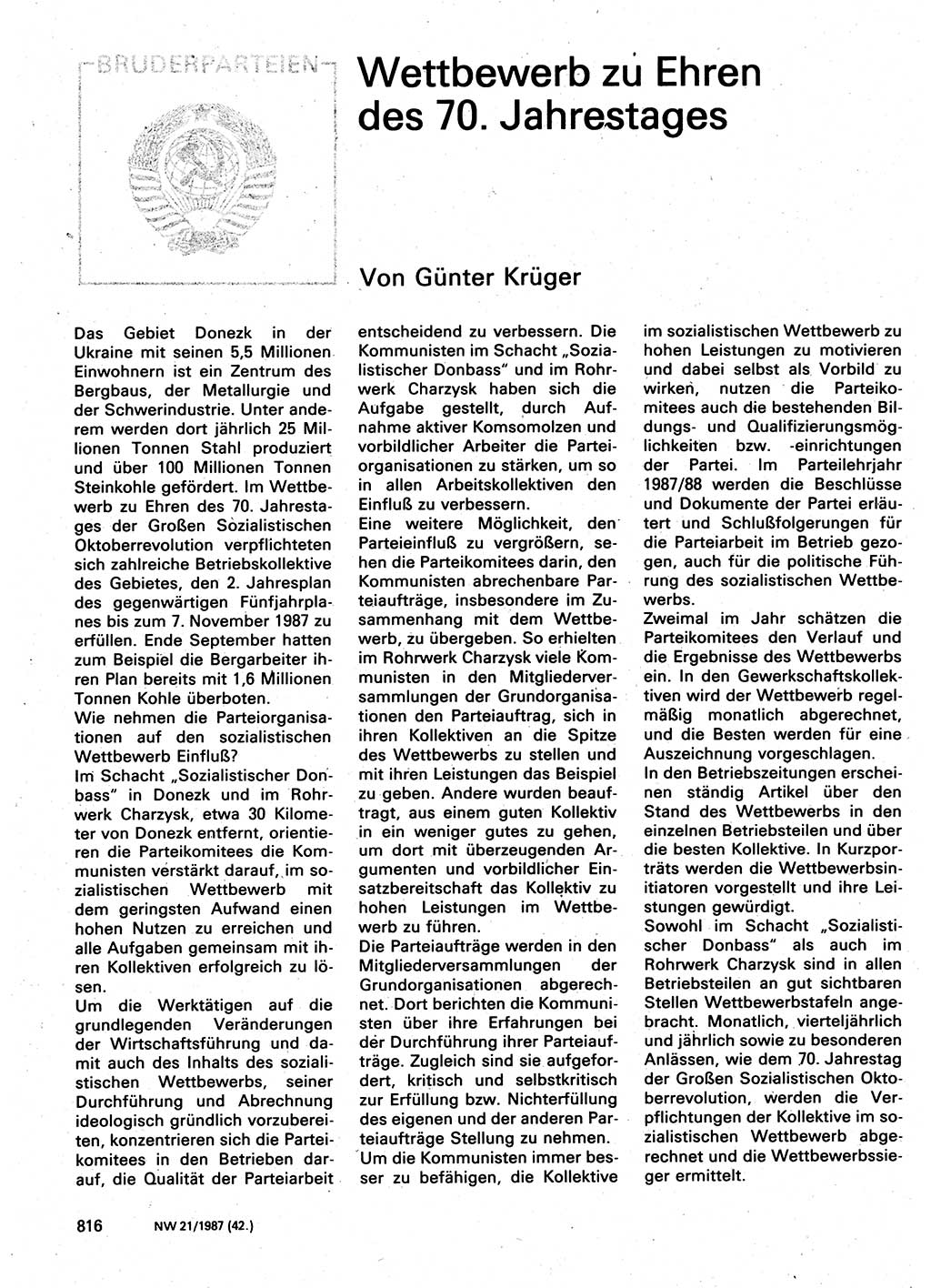 Neuer Weg (NW), Organ des Zentralkomitees (ZK) der SED (Sozialistische Einheitspartei Deutschlands) für Fragen des Parteilebens, 42. Jahrgang [Deutsche Demokratische Republik (DDR)] 1987, Seite 816 (NW ZK SED DDR 1987, S. 816)