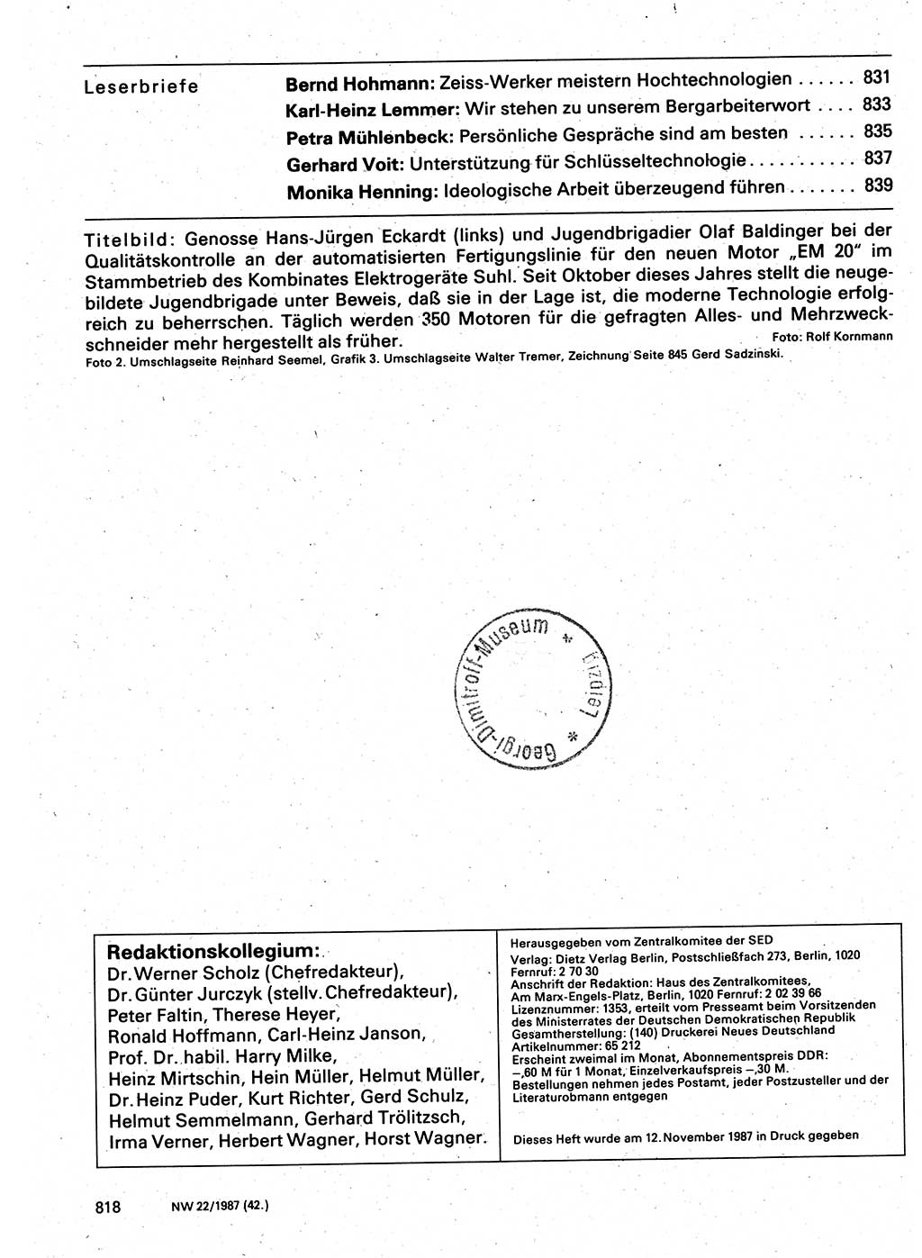 Neuer Weg (NW), Organ des Zentralkomitees (ZK) der SED (Sozialistische Einheitspartei Deutschlands) für Fragen des Parteilebens, 42. Jahrgang [Deutsche Demokratische Republik (DDR)] 1987, Seite 818 (NW ZK SED DDR 1987, S. 818)