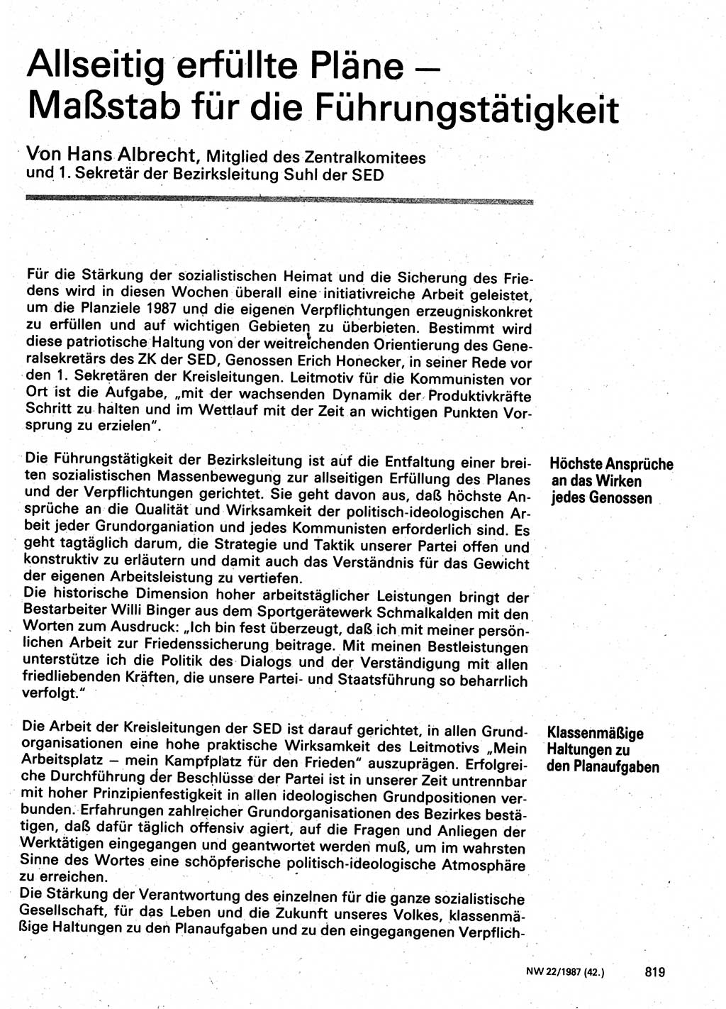 Neuer Weg (NW), Organ des Zentralkomitees (ZK) der SED (Sozialistische Einheitspartei Deutschlands) für Fragen des Parteilebens, 42. Jahrgang [Deutsche Demokratische Republik (DDR)] 1987, Seite 819 (NW ZK SED DDR 1987, S. 819)