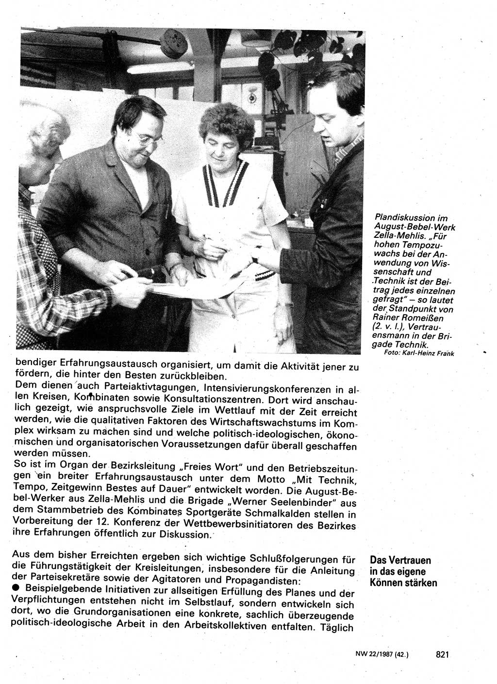 Neuer Weg (NW), Organ des Zentralkomitees (ZK) der SED (Sozialistische Einheitspartei Deutschlands) für Fragen des Parteilebens, 42. Jahrgang [Deutsche Demokratische Republik (DDR)] 1987, Seite 821 (NW ZK SED DDR 1987, S. 821)