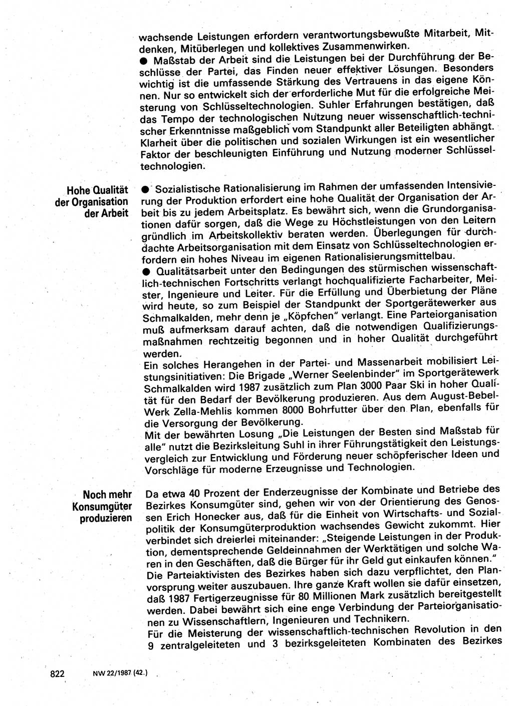 Neuer Weg (NW), Organ des Zentralkomitees (ZK) der SED (Sozialistische Einheitspartei Deutschlands) für Fragen des Parteilebens, 42. Jahrgang [Deutsche Demokratische Republik (DDR)] 1987, Seite 822 (NW ZK SED DDR 1987, S. 822)