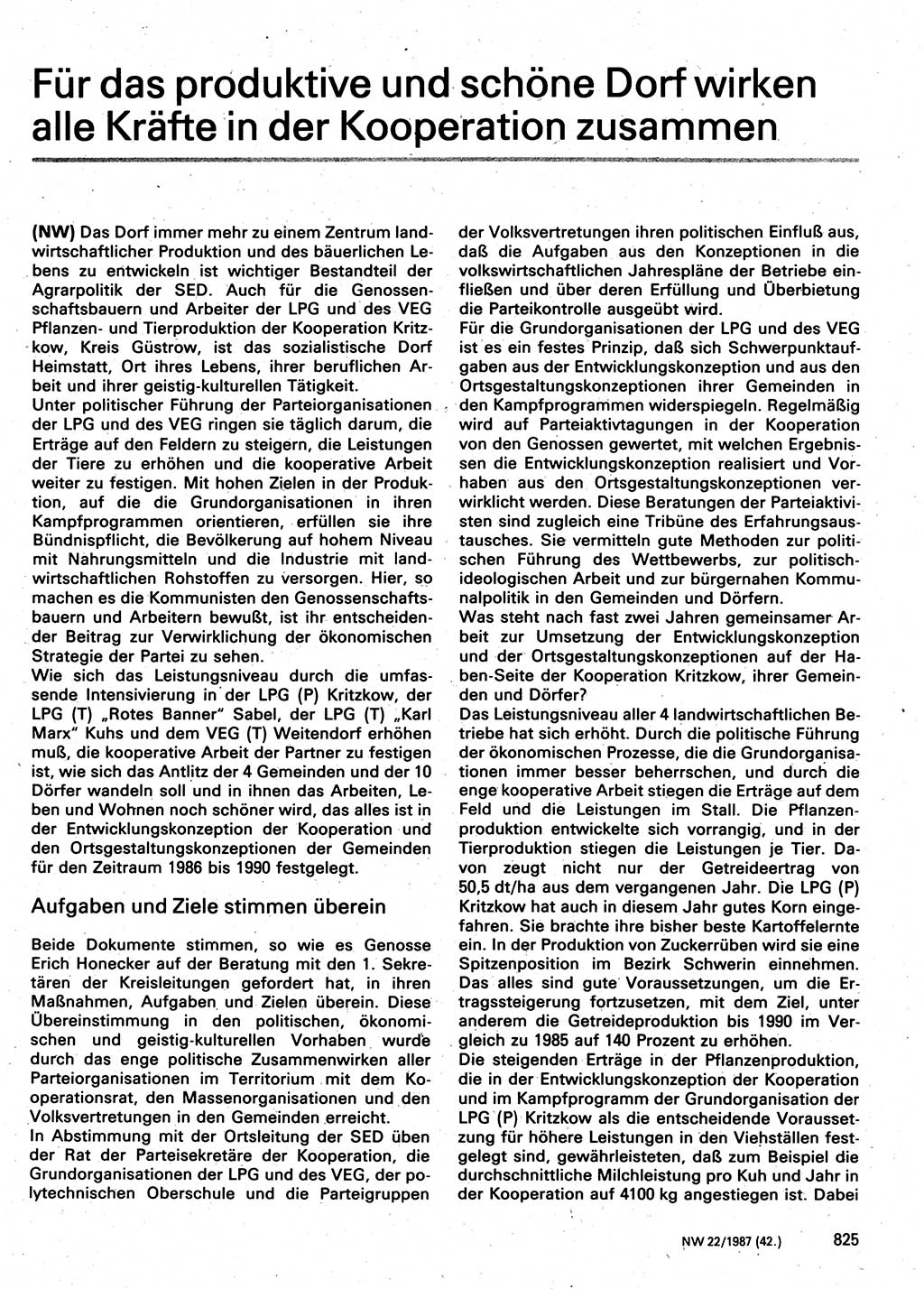 Neuer Weg (NW), Organ des Zentralkomitees (ZK) der SED (Sozialistische Einheitspartei Deutschlands) für Fragen des Parteilebens, 42. Jahrgang [Deutsche Demokratische Republik (DDR)] 1987, Seite 825 (NW ZK SED DDR 1987, S. 825)