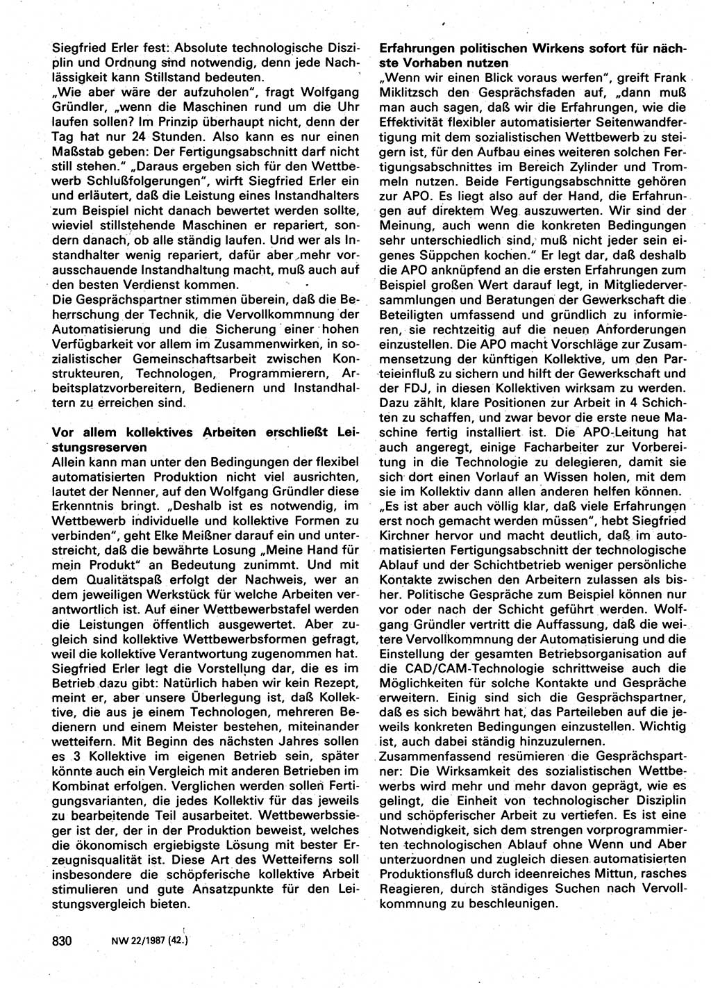 Neuer Weg (NW), Organ des Zentralkomitees (ZK) der SED (Sozialistische Einheitspartei Deutschlands) für Fragen des Parteilebens, 42. Jahrgang [Deutsche Demokratische Republik (DDR)] 1987, Seite 830 (NW ZK SED DDR 1987, S. 830)