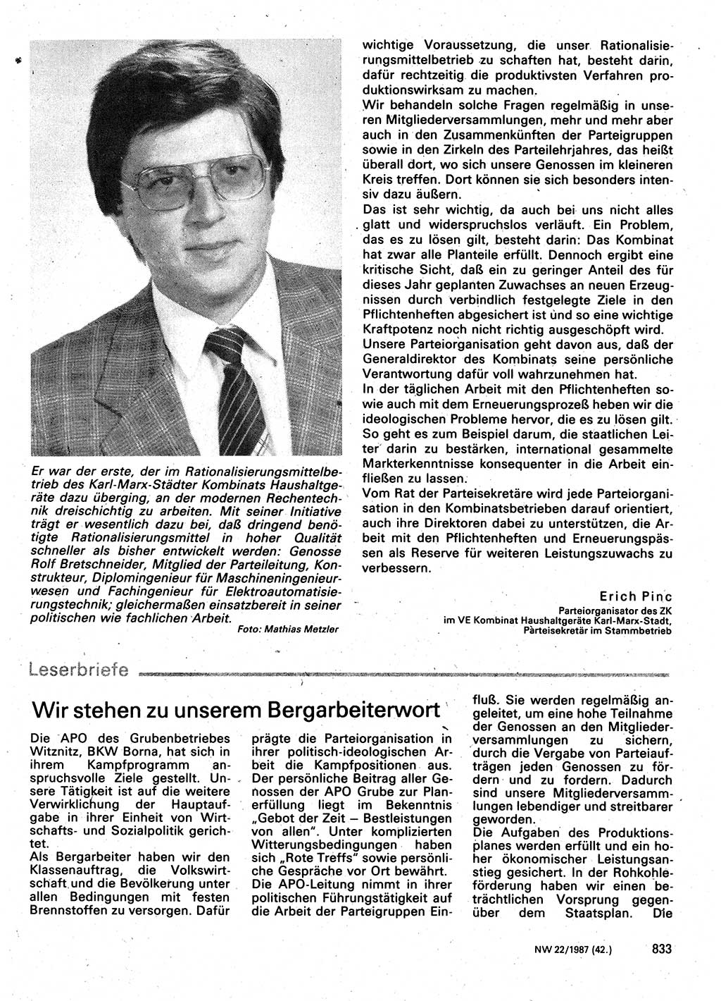 Neuer Weg (NW), Organ des Zentralkomitees (ZK) der SED (Sozialistische Einheitspartei Deutschlands) für Fragen des Parteilebens, 42. Jahrgang [Deutsche Demokratische Republik (DDR)] 1987, Seite 833 (NW ZK SED DDR 1987, S. 833)