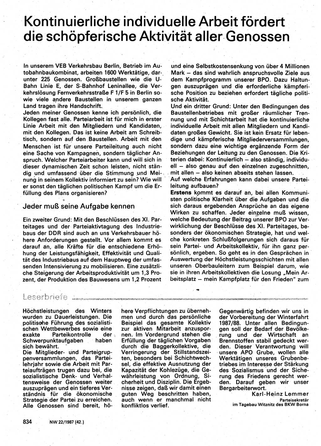 Neuer Weg (NW), Organ des Zentralkomitees (ZK) der SED (Sozialistische Einheitspartei Deutschlands) für Fragen des Parteilebens, 42. Jahrgang [Deutsche Demokratische Republik (DDR)] 1987, Seite 834 (NW ZK SED DDR 1987, S. 834)