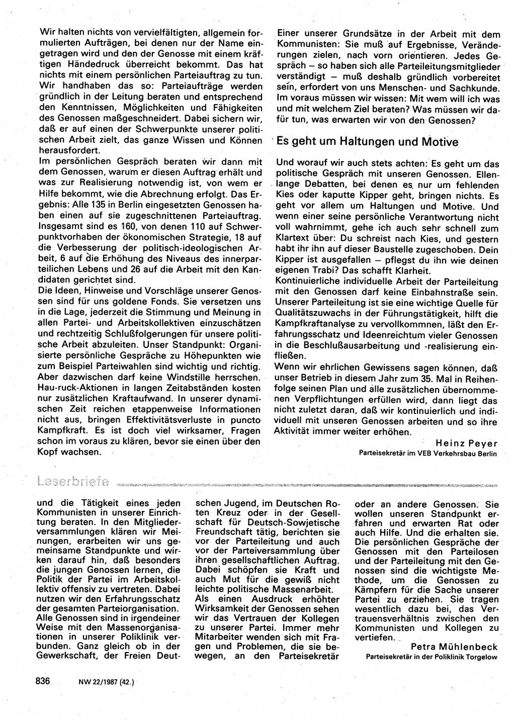 Neuer Weg (NW), Organ des Zentralkomitees (ZK) der SED (Sozialistische Einheitspartei Deutschlands) für Fragen des Parteilebens, 42. Jahrgang [Deutsche Demokratische Republik (DDR)] 1987, Seite 836 (NW ZK SED DDR 1987, S. 836)