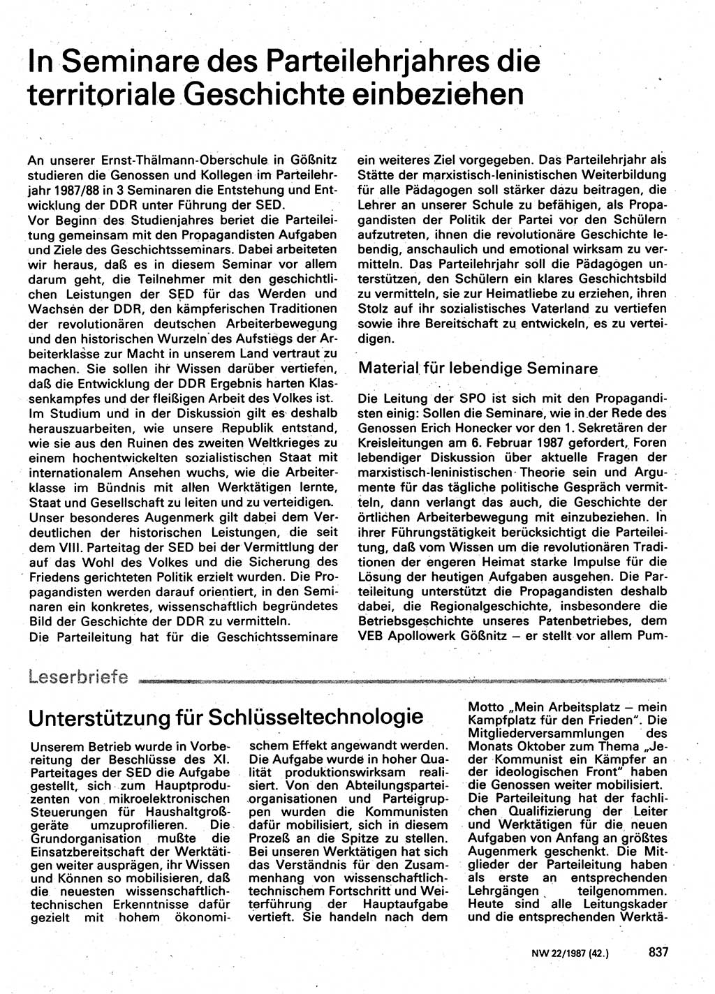 Neuer Weg (NW), Organ des Zentralkomitees (ZK) der SED (Sozialistische Einheitspartei Deutschlands) für Fragen des Parteilebens, 42. Jahrgang [Deutsche Demokratische Republik (DDR)] 1987, Seite 837 (NW ZK SED DDR 1987, S. 837)