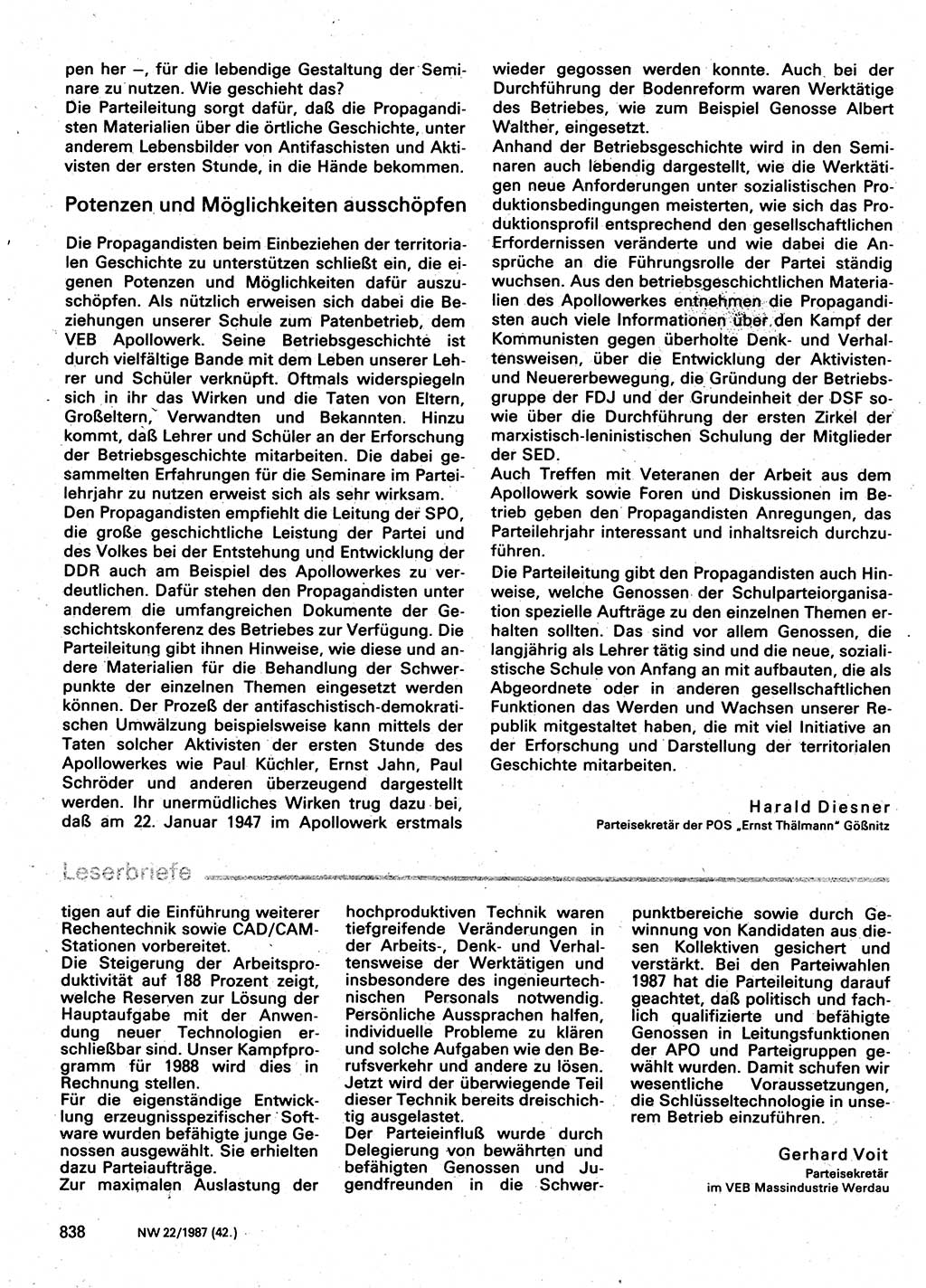 Neuer Weg (NW), Organ des Zentralkomitees (ZK) der SED (Sozialistische Einheitspartei Deutschlands) für Fragen des Parteilebens, 42. Jahrgang [Deutsche Demokratische Republik (DDR)] 1987, Seite 838 (NW ZK SED DDR 1987, S. 838)