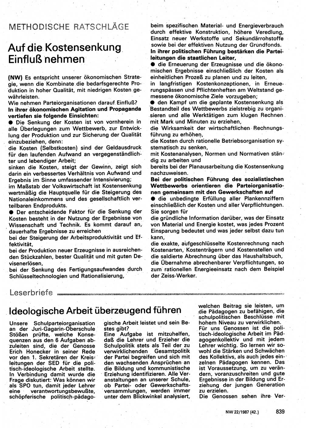 Neuer Weg (NW), Organ des Zentralkomitees (ZK) der SED (Sozialistische Einheitspartei Deutschlands) für Fragen des Parteilebens, 42. Jahrgang [Deutsche Demokratische Republik (DDR)] 1987, Seite 839 (NW ZK SED DDR 1987, S. 839)