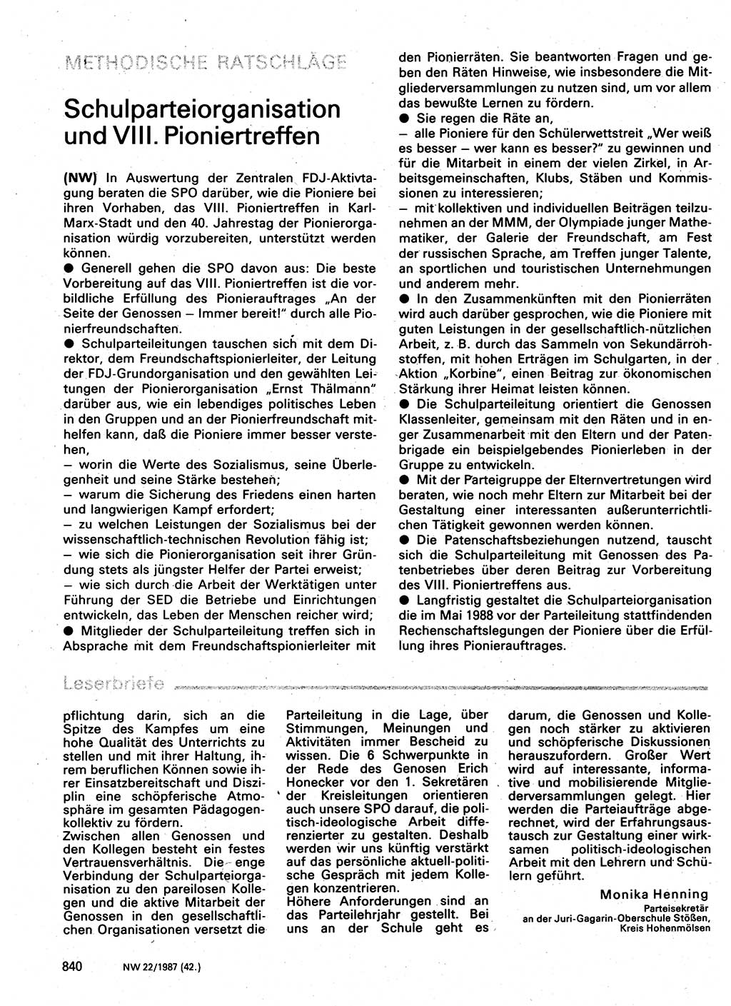 Neuer Weg (NW), Organ des Zentralkomitees (ZK) der SED (Sozialistische Einheitspartei Deutschlands) für Fragen des Parteilebens, 42. Jahrgang [Deutsche Demokratische Republik (DDR)] 1987, Seite 840 (NW ZK SED DDR 1987, S. 840)
