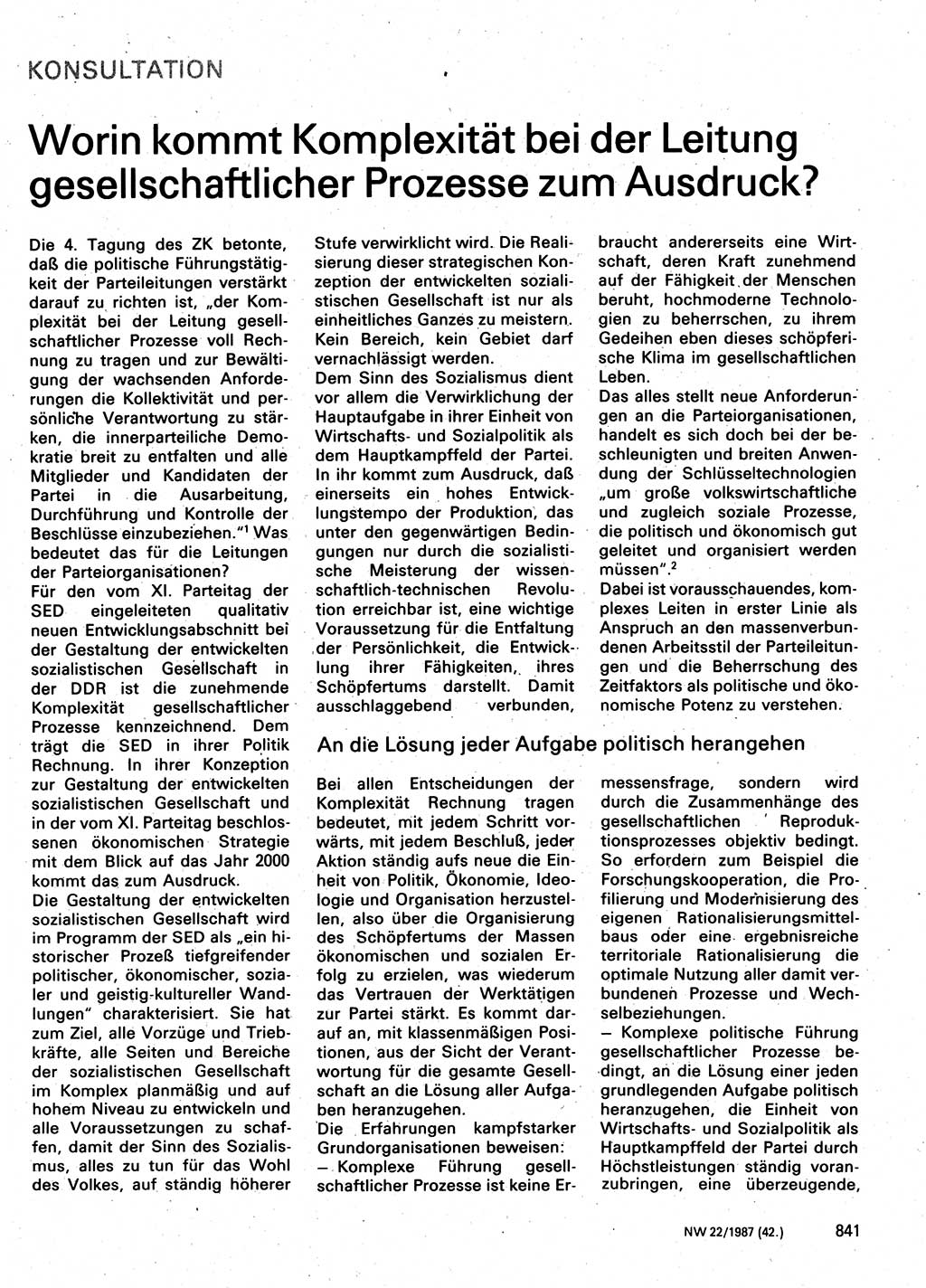 Neuer Weg (NW), Organ des Zentralkomitees (ZK) der SED (Sozialistische Einheitspartei Deutschlands) für Fragen des Parteilebens, 42. Jahrgang [Deutsche Demokratische Republik (DDR)] 1987, Seite 841 (NW ZK SED DDR 1987, S. 841)