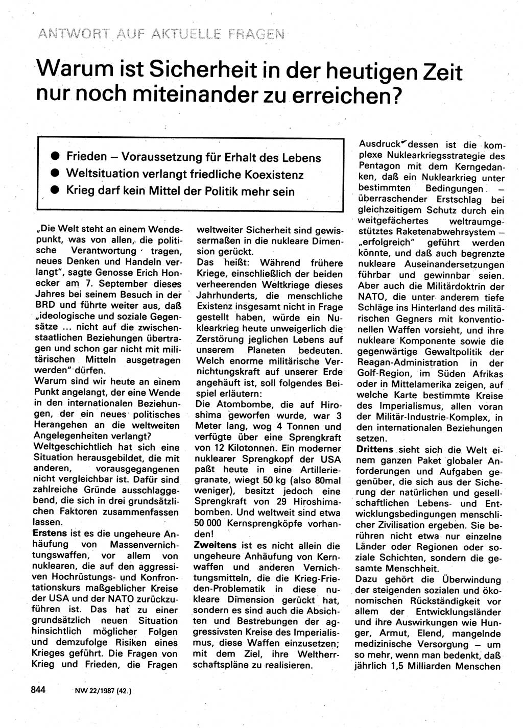 Neuer Weg (NW), Organ des Zentralkomitees (ZK) der SED (Sozialistische Einheitspartei Deutschlands) für Fragen des Parteilebens, 42. Jahrgang [Deutsche Demokratische Republik (DDR)] 1987, Seite 844 (NW ZK SED DDR 1987, S. 844)