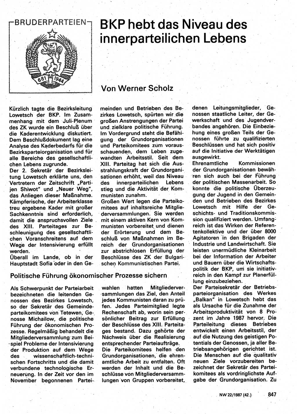 Neuer Weg (NW), Organ des Zentralkomitees (ZK) der SED (Sozialistische Einheitspartei Deutschlands) für Fragen des Parteilebens, 42. Jahrgang [Deutsche Demokratische Republik (DDR)] 1987, Seite 847 (NW ZK SED DDR 1987, S. 847)