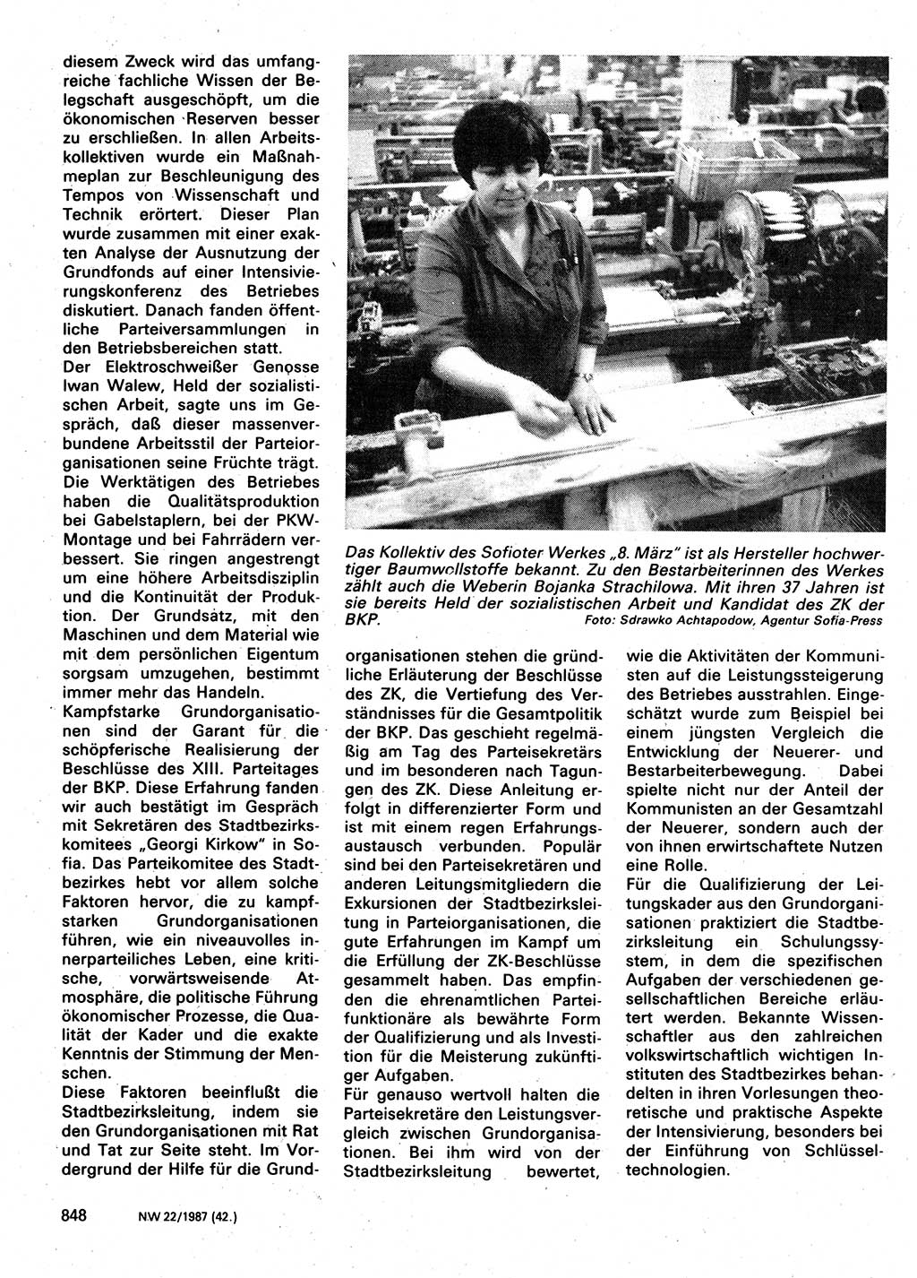 Neuer Weg (NW), Organ des Zentralkomitees (ZK) der SED (Sozialistische Einheitspartei Deutschlands) für Fragen des Parteilebens, 42. Jahrgang [Deutsche Demokratische Republik (DDR)] 1987, Seite 848 (NW ZK SED DDR 1987, S. 848)