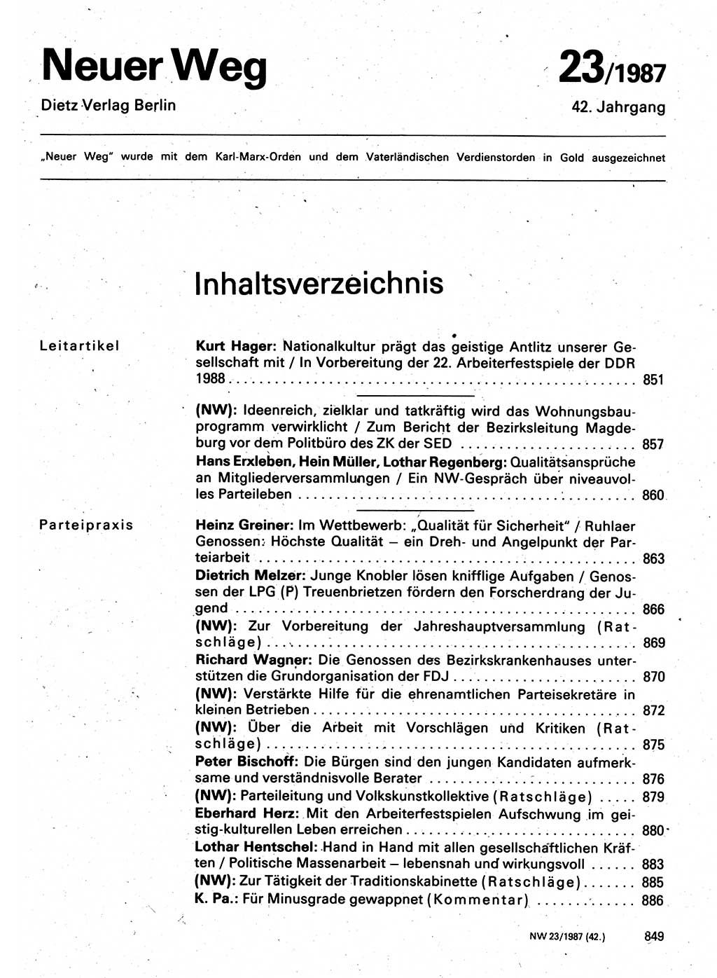 Neuer Weg (NW), Organ des Zentralkomitees (ZK) der SED (Sozialistische Einheitspartei Deutschlands) für Fragen des Parteilebens, 42. Jahrgang [Deutsche Demokratische Republik (DDR)] 1987, Seite 849 (NW ZK SED DDR 1987, S. 849)