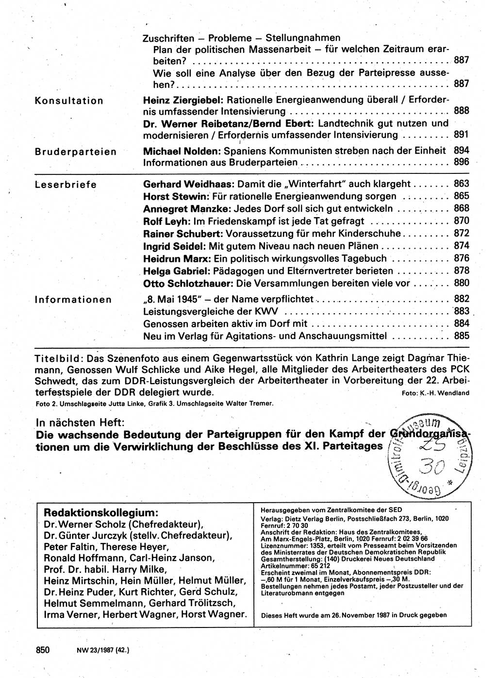 Neuer Weg (NW), Organ des Zentralkomitees (ZK) der SED (Sozialistische Einheitspartei Deutschlands) für Fragen des Parteilebens, 42. Jahrgang [Deutsche Demokratische Republik (DDR)] 1987, Seite 850 (NW ZK SED DDR 1987, S. 850)