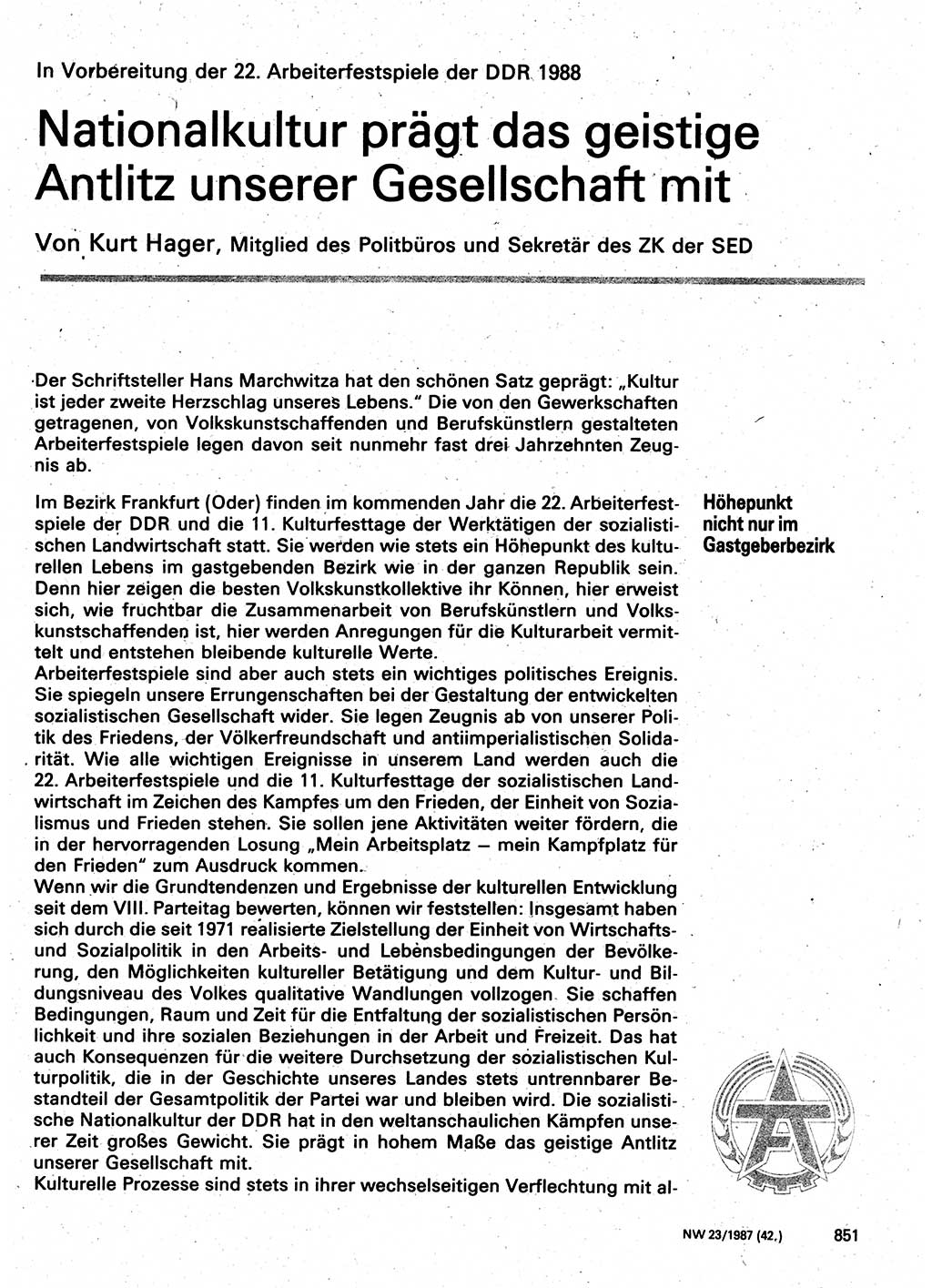 Neuer Weg (NW), Organ des Zentralkomitees (ZK) der SED (Sozialistische Einheitspartei Deutschlands) für Fragen des Parteilebens, 42. Jahrgang [Deutsche Demokratische Republik (DDR)] 1987, Seite 851 (NW ZK SED DDR 1987, S. 851)