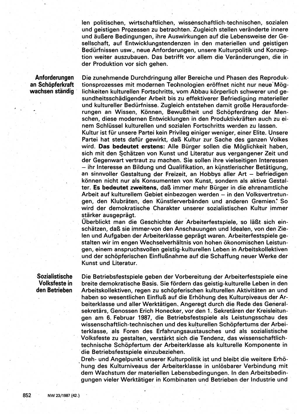 Neuer Weg (NW), Organ des Zentralkomitees (ZK) der SED (Sozialistische Einheitspartei Deutschlands) für Fragen des Parteilebens, 42. Jahrgang [Deutsche Demokratische Republik (DDR)] 1987, Seite 852 (NW ZK SED DDR 1987, S. 852)