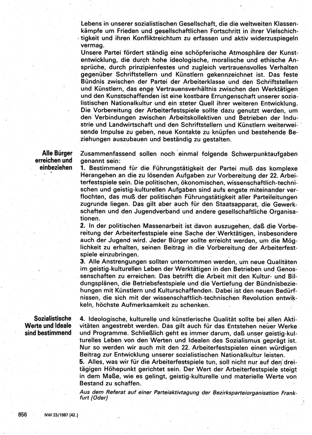 Neuer Weg (NW), Organ des Zentralkomitees (ZK) der SED (Sozialistische Einheitspartei Deutschlands) für Fragen des Parteilebens, 42. Jahrgang [Deutsche Demokratische Republik (DDR)] 1987, Seite 856 (NW ZK SED DDR 1987, S. 856)