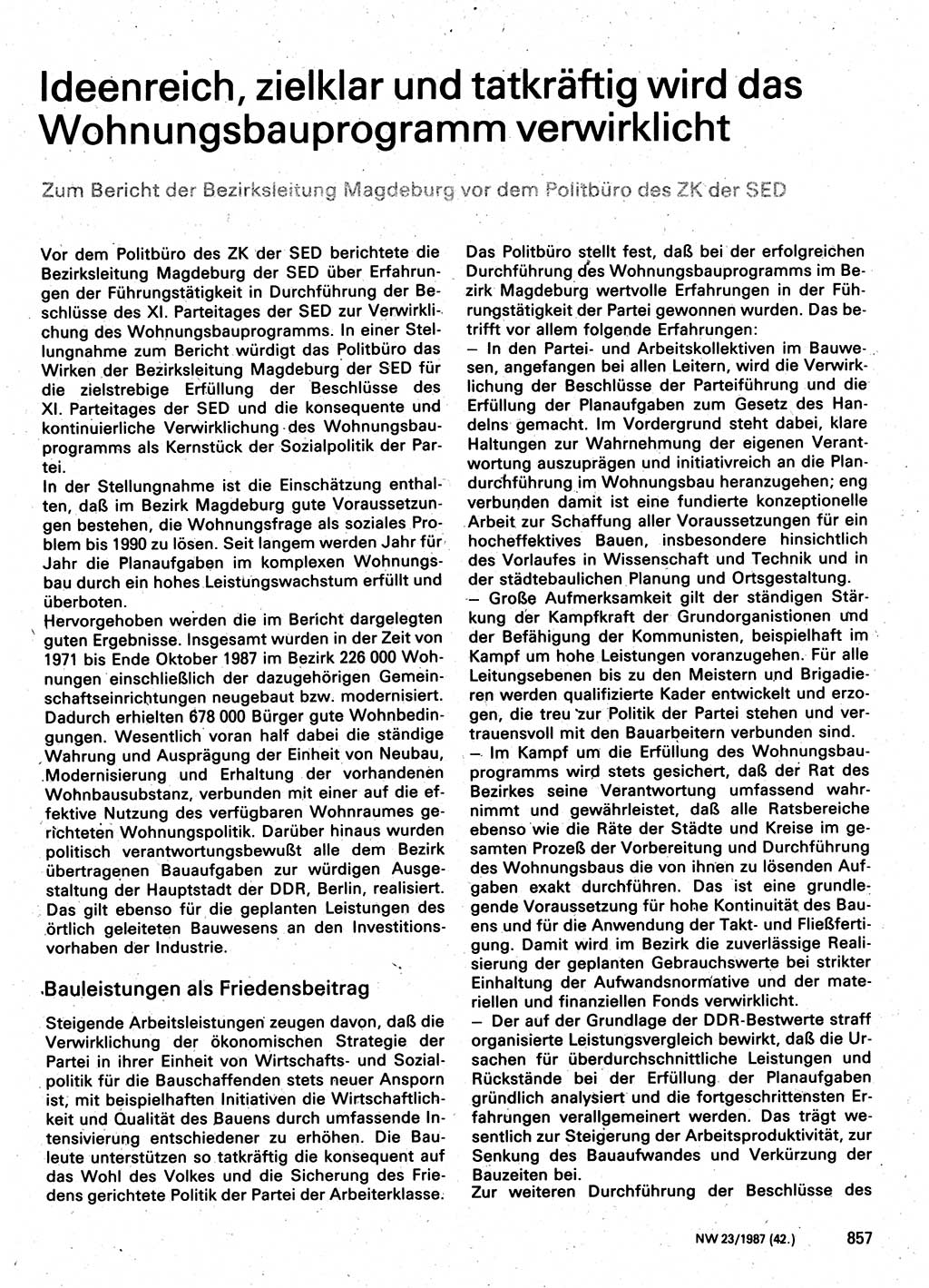 Neuer Weg (NW), Organ des Zentralkomitees (ZK) der SED (Sozialistische Einheitspartei Deutschlands) für Fragen des Parteilebens, 42. Jahrgang [Deutsche Demokratische Republik (DDR)] 1987, Seite 857 (NW ZK SED DDR 1987, S. 857)