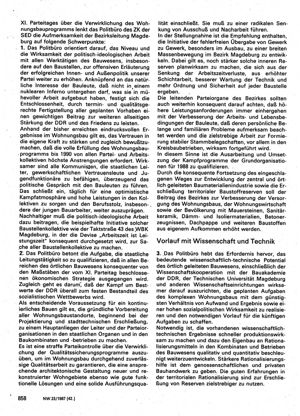 Neuer Weg (NW), Organ des Zentralkomitees (ZK) der SED (Sozialistische Einheitspartei Deutschlands) für Fragen des Parteilebens, 42. Jahrgang [Deutsche Demokratische Republik (DDR)] 1987, Seite 858 (NW ZK SED DDR 1987, S. 858)