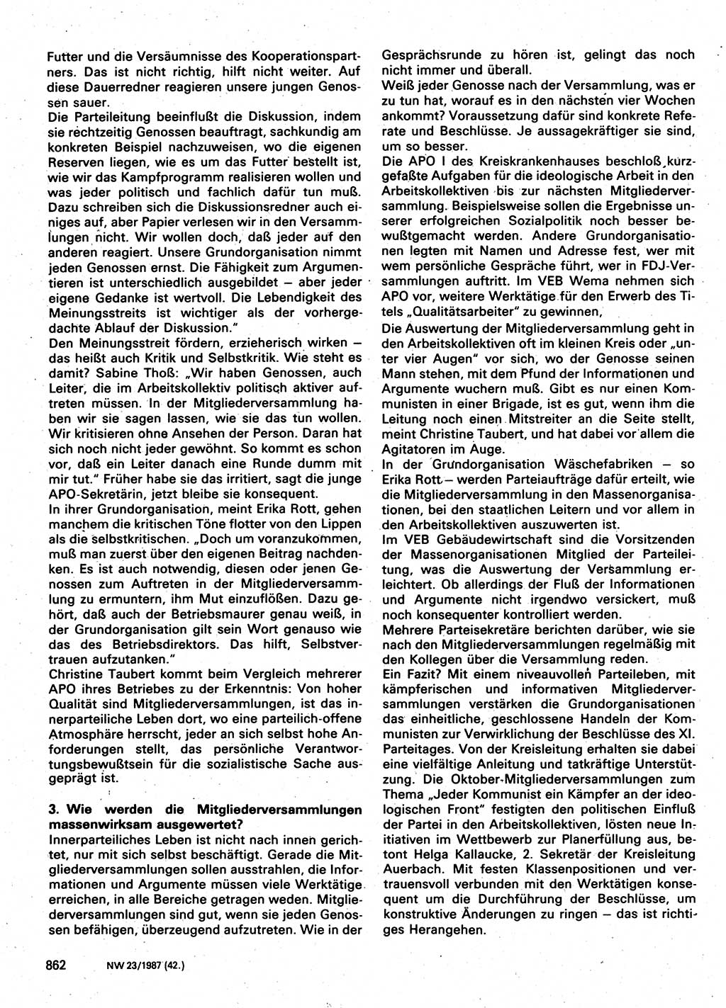 Neuer Weg (NW), Organ des Zentralkomitees (ZK) der SED (Sozialistische Einheitspartei Deutschlands) für Fragen des Parteilebens, 42. Jahrgang [Deutsche Demokratische Republik (DDR)] 1987, Seite 862 (NW ZK SED DDR 1987, S. 862)