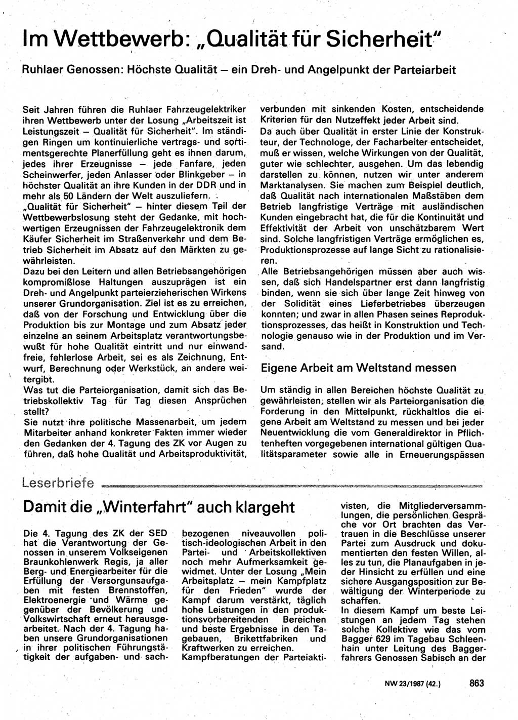 Neuer Weg (NW), Organ des Zentralkomitees (ZK) der SED (Sozialistische Einheitspartei Deutschlands) für Fragen des Parteilebens, 42. Jahrgang [Deutsche Demokratische Republik (DDR)] 1987, Seite 863 (NW ZK SED DDR 1987, S. 863)