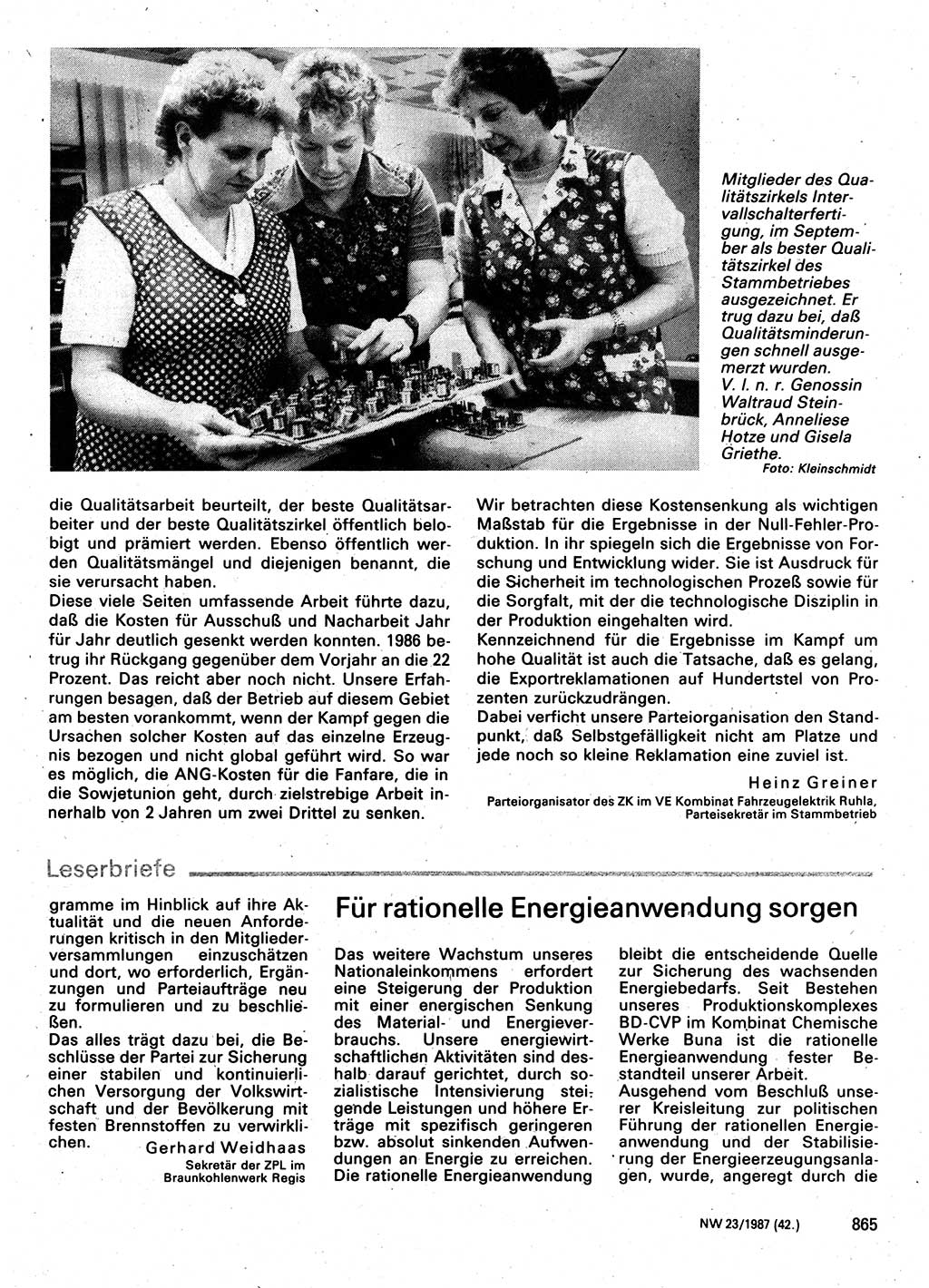 Neuer Weg (NW), Organ des Zentralkomitees (ZK) der SED (Sozialistische Einheitspartei Deutschlands) für Fragen des Parteilebens, 42. Jahrgang [Deutsche Demokratische Republik (DDR)] 1987, Seite 865 (NW ZK SED DDR 1987, S. 865)