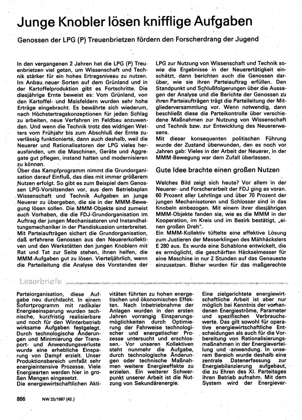 Neuer Weg (NW), Organ des Zentralkomitees (ZK) der SED (Sozialistische Einheitspartei Deutschlands) für Fragen des Parteilebens, 42. Jahrgang [Deutsche Demokratische Republik (DDR)] 1987, Seite 866 (NW ZK SED DDR 1987, S. 866)