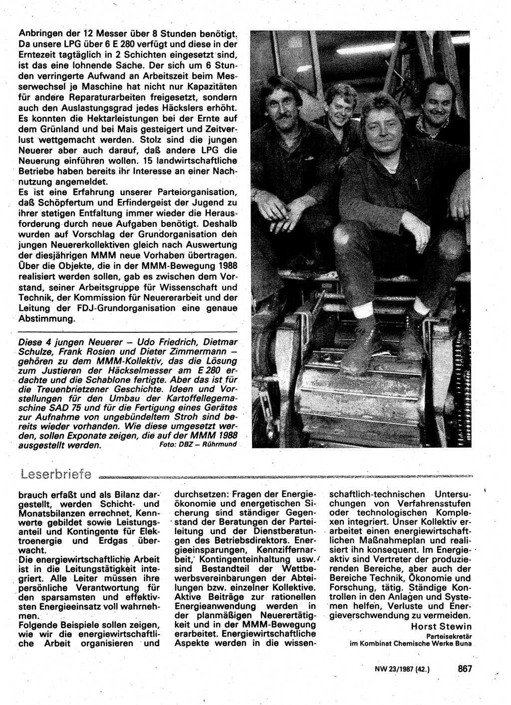 Neuer Weg (NW), Organ des Zentralkomitees (ZK) der SED (Sozialistische Einheitspartei Deutschlands) für Fragen des Parteilebens, 42. Jahrgang [Deutsche Demokratische Republik (DDR)] 1987, Seite 867 (NW ZK SED DDR 1987, S. 867)