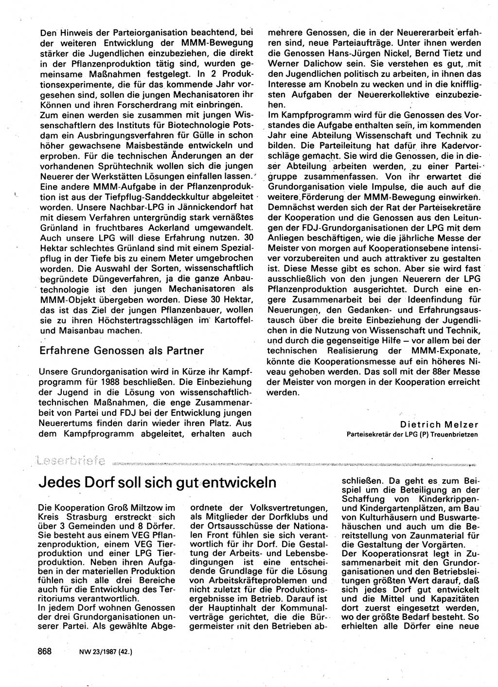 Neuer Weg (NW), Organ des Zentralkomitees (ZK) der SED (Sozialistische Einheitspartei Deutschlands) für Fragen des Parteilebens, 42. Jahrgang [Deutsche Demokratische Republik (DDR)] 1987, Seite 868 (NW ZK SED DDR 1987, S. 868)