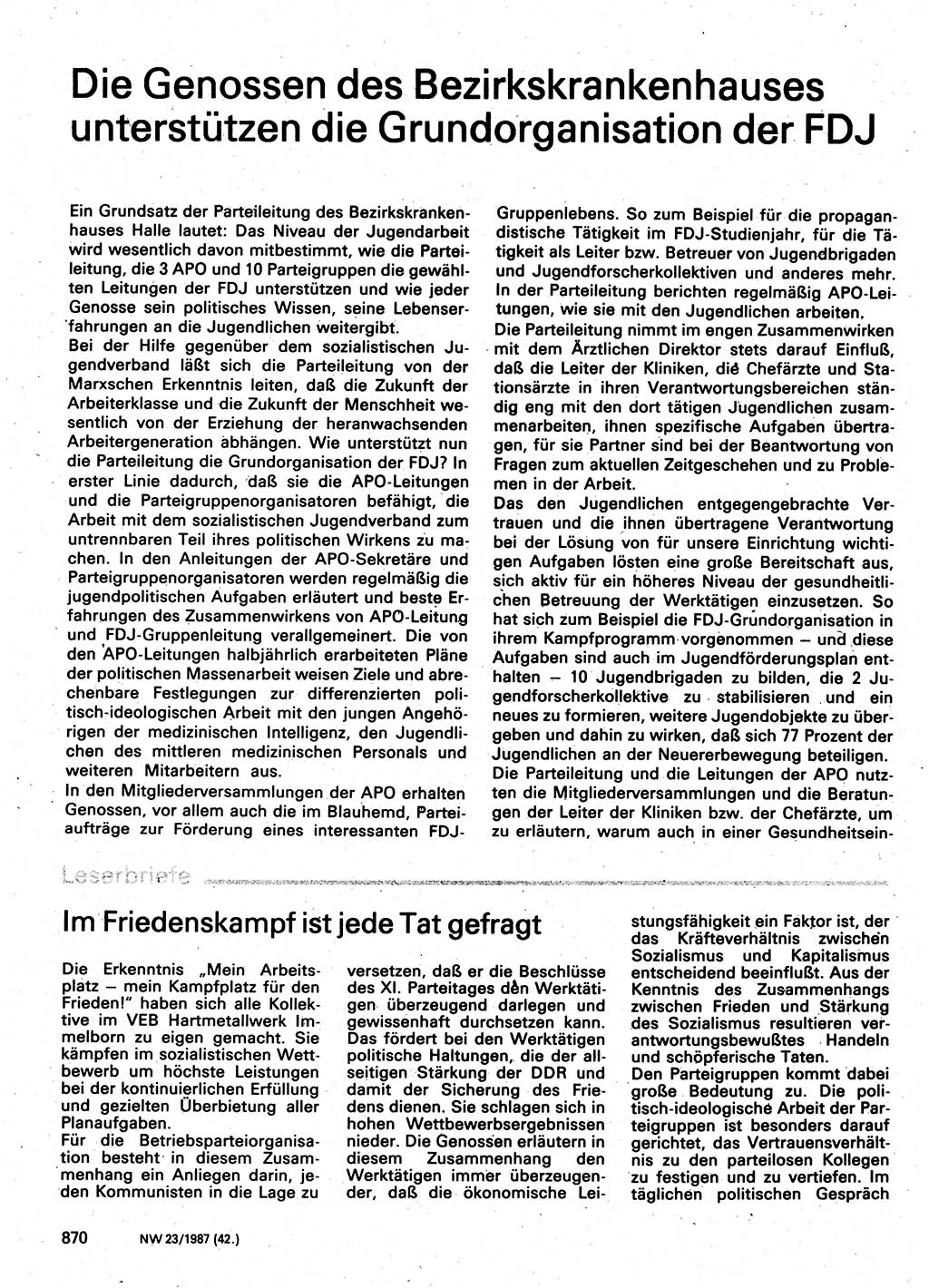 Neuer Weg (NW), Organ des Zentralkomitees (ZK) der SED (Sozialistische Einheitspartei Deutschlands) für Fragen des Parteilebens, 42. Jahrgang [Deutsche Demokratische Republik (DDR)] 1987, Seite 870 (NW ZK SED DDR 1987, S. 870)