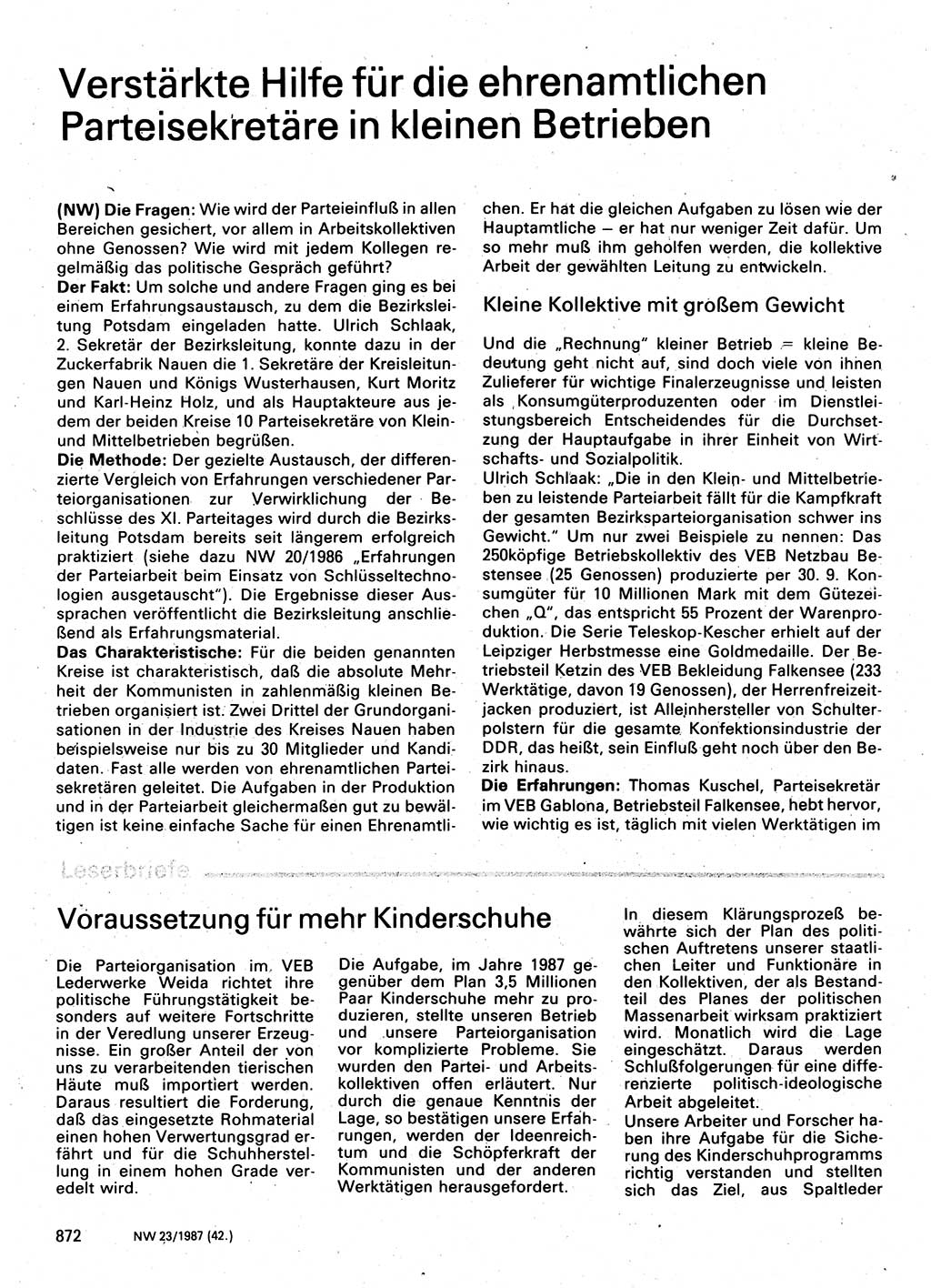 Neuer Weg (NW), Organ des Zentralkomitees (ZK) der SED (Sozialistische Einheitspartei Deutschlands) für Fragen des Parteilebens, 42. Jahrgang [Deutsche Demokratische Republik (DDR)] 1987, Seite 872 (NW ZK SED DDR 1987, S. 872)