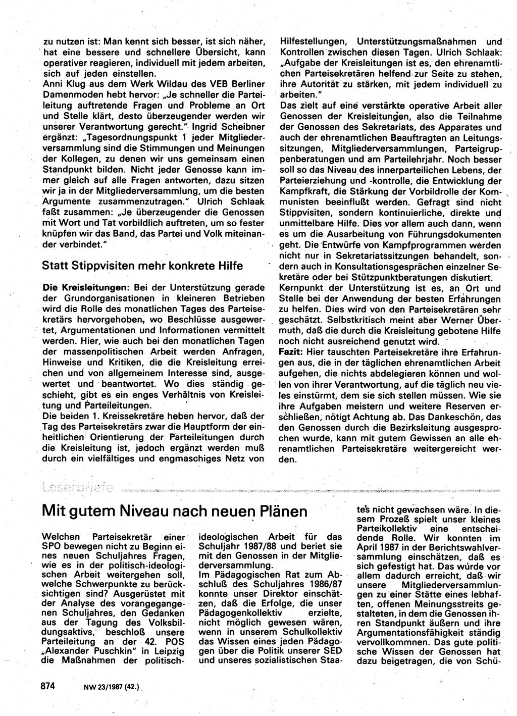Neuer Weg (NW), Organ des Zentralkomitees (ZK) der SED (Sozialistische Einheitspartei Deutschlands) für Fragen des Parteilebens, 42. Jahrgang [Deutsche Demokratische Republik (DDR)] 1987, Seite 874 (NW ZK SED DDR 1987, S. 874)