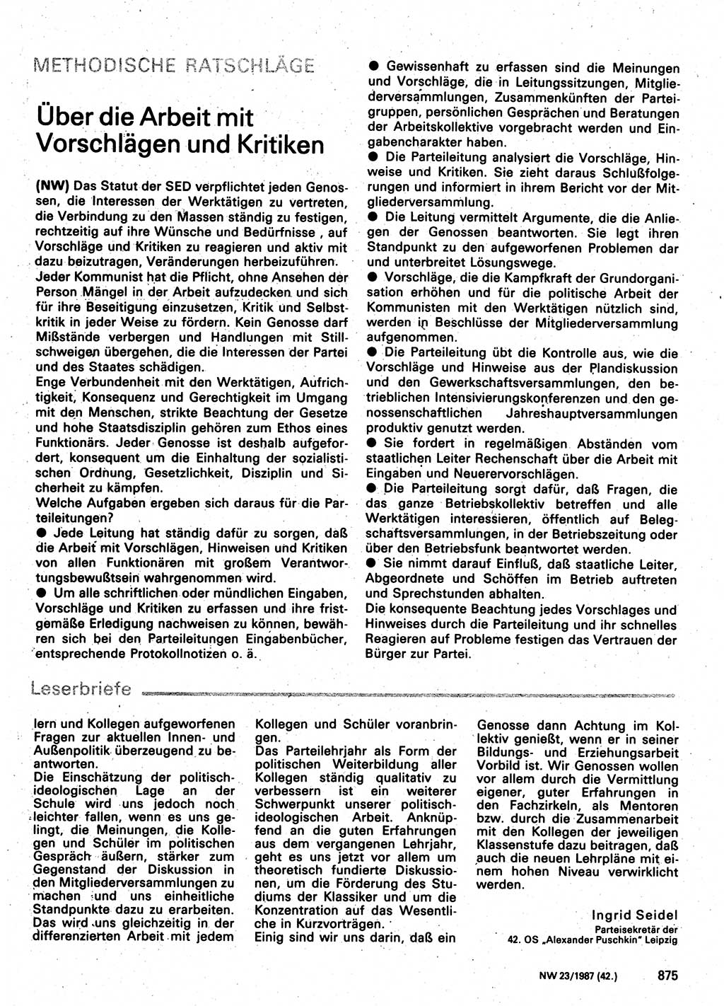 Neuer Weg (NW), Organ des Zentralkomitees (ZK) der SED (Sozialistische Einheitspartei Deutschlands) für Fragen des Parteilebens, 42. Jahrgang [Deutsche Demokratische Republik (DDR)] 1987, Seite 875 (NW ZK SED DDR 1987, S. 875)