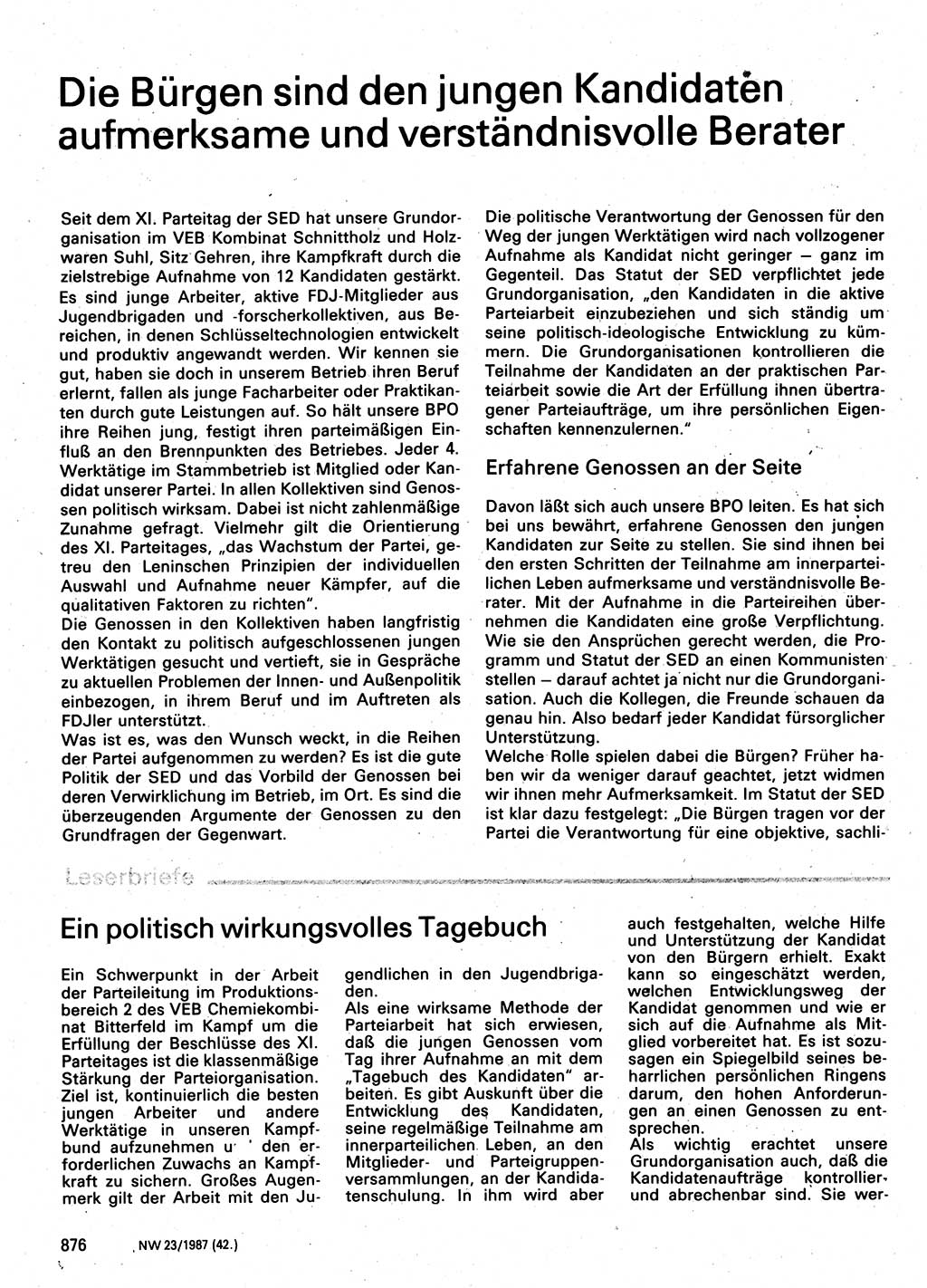 Neuer Weg (NW), Organ des Zentralkomitees (ZK) der SED (Sozialistische Einheitspartei Deutschlands) für Fragen des Parteilebens, 42. Jahrgang [Deutsche Demokratische Republik (DDR)] 1987, Seite 876 (NW ZK SED DDR 1987, S. 876)