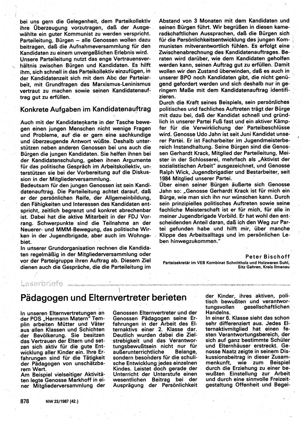 Neuer Weg (NW), Organ des Zentralkomitees (ZK) der SED (Sozialistische Einheitspartei Deutschlands) für Fragen des Parteilebens, 42. Jahrgang [Deutsche Demokratische Republik (DDR)] 1987, Seite 878 (NW ZK SED DDR 1987, S. 878)
