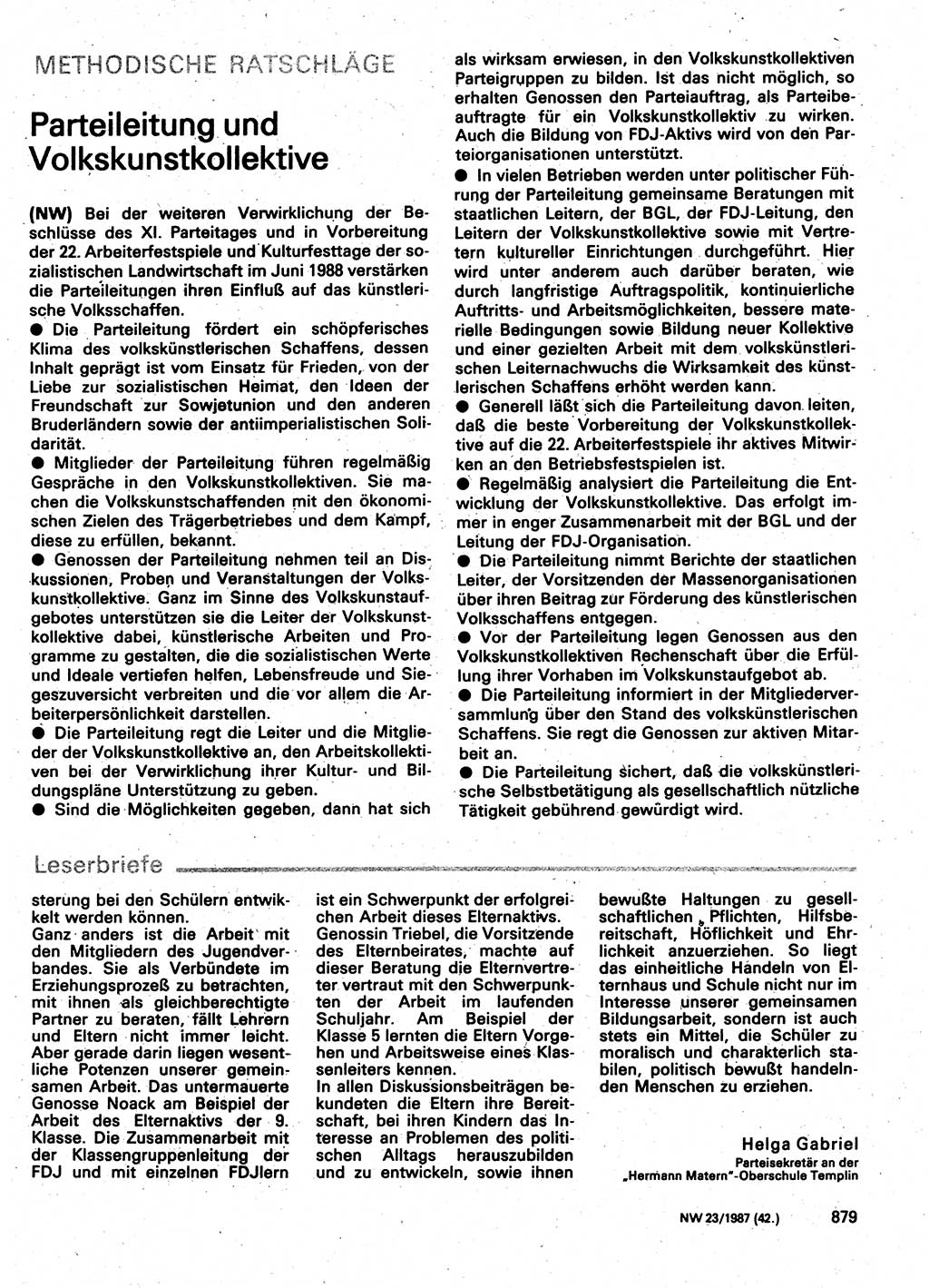 Neuer Weg (NW), Organ des Zentralkomitees (ZK) der SED (Sozialistische Einheitspartei Deutschlands) für Fragen des Parteilebens, 42. Jahrgang [Deutsche Demokratische Republik (DDR)] 1987, Seite 879 (NW ZK SED DDR 1987, S. 879)